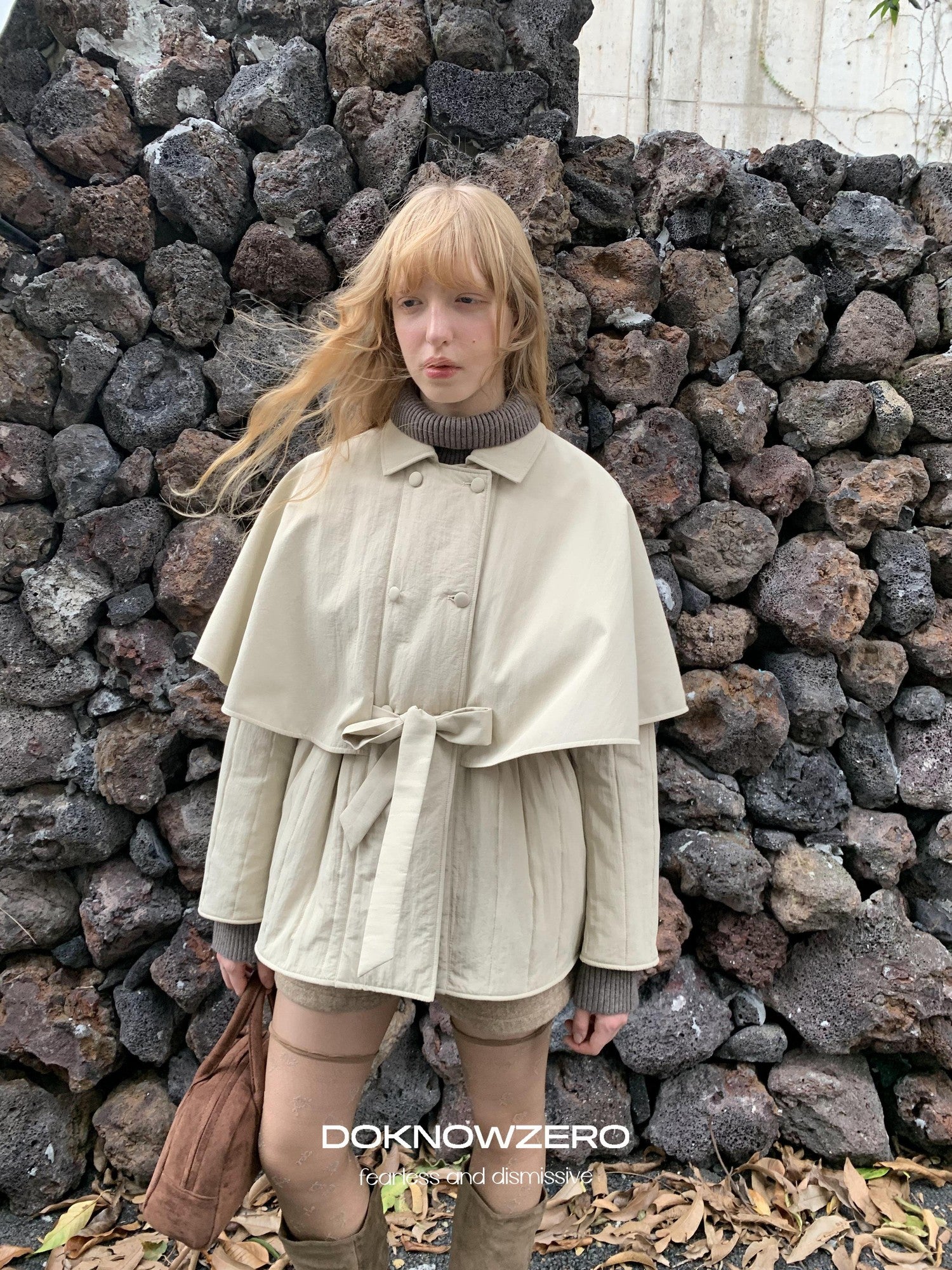 DKZ OFFICIAL Apricot Cape Style Double Breasted Belted Women&