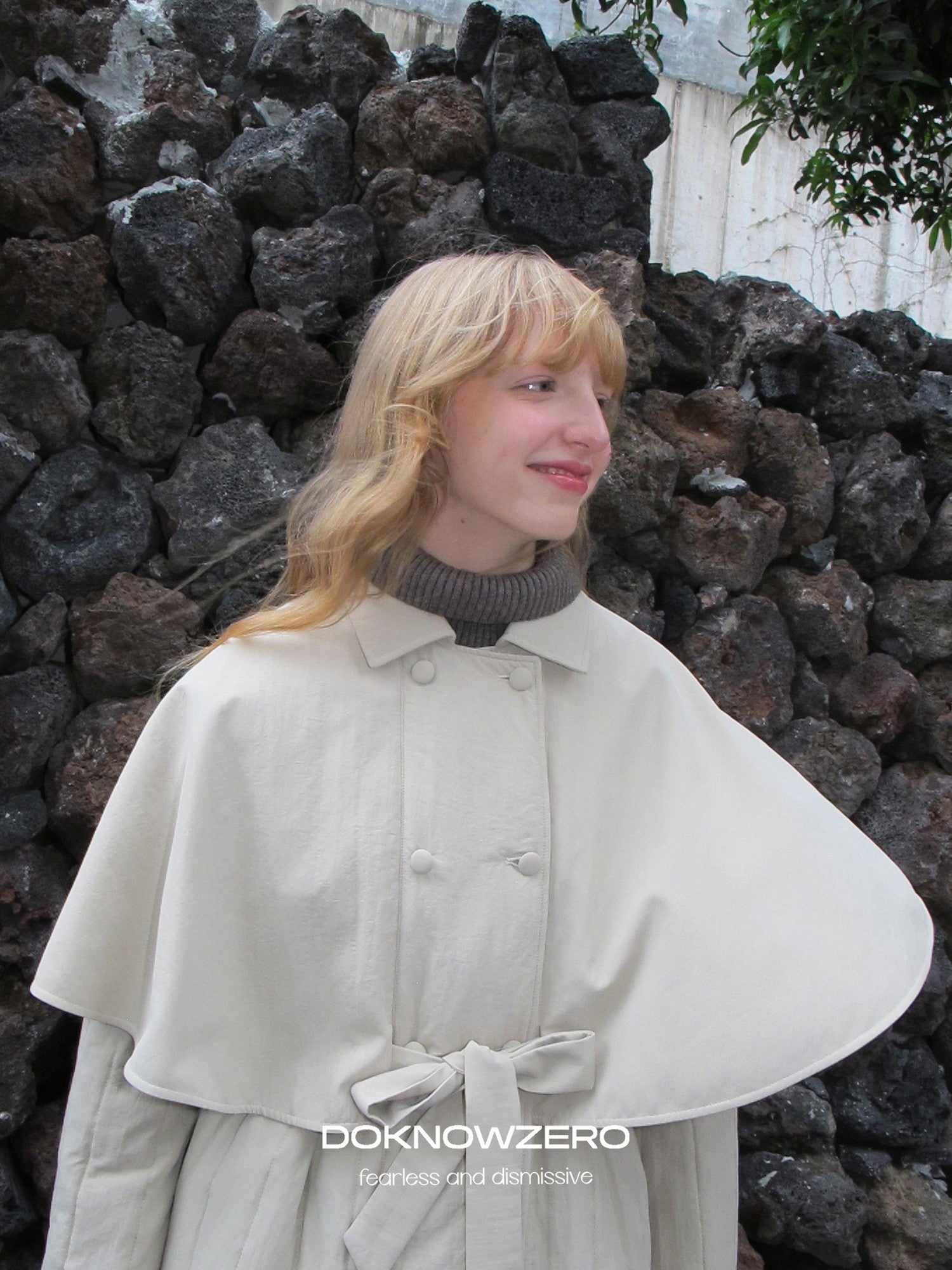 DKZ OFFICIAL Apricot Cape Style Double Breasted Belted Women&