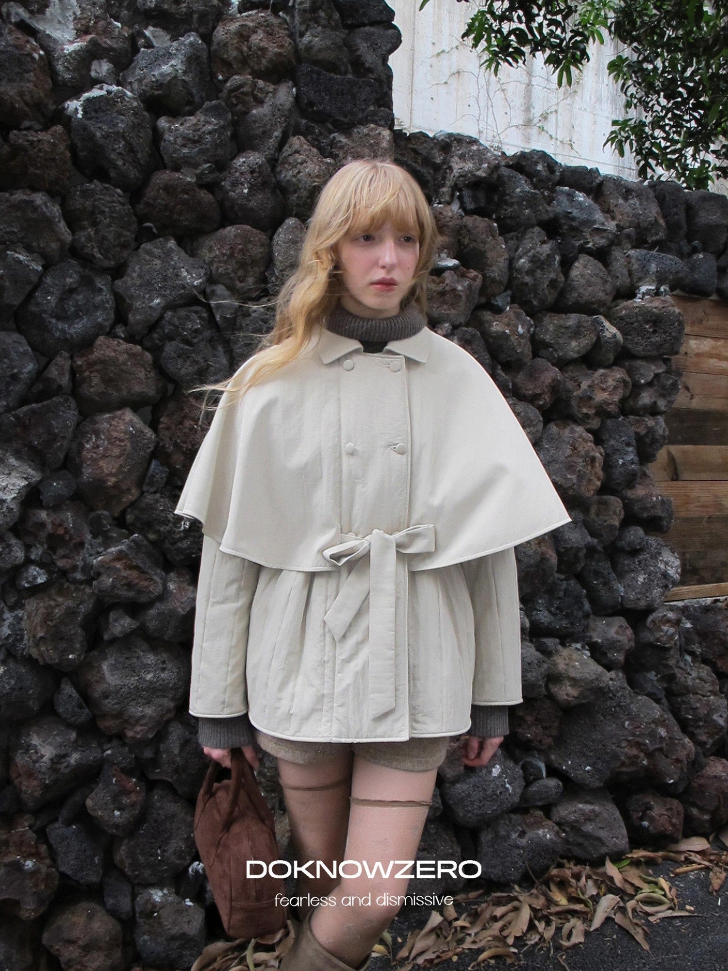 DKZ OFFICIAL Apricot Cape Style Double Breasted Belted Women&