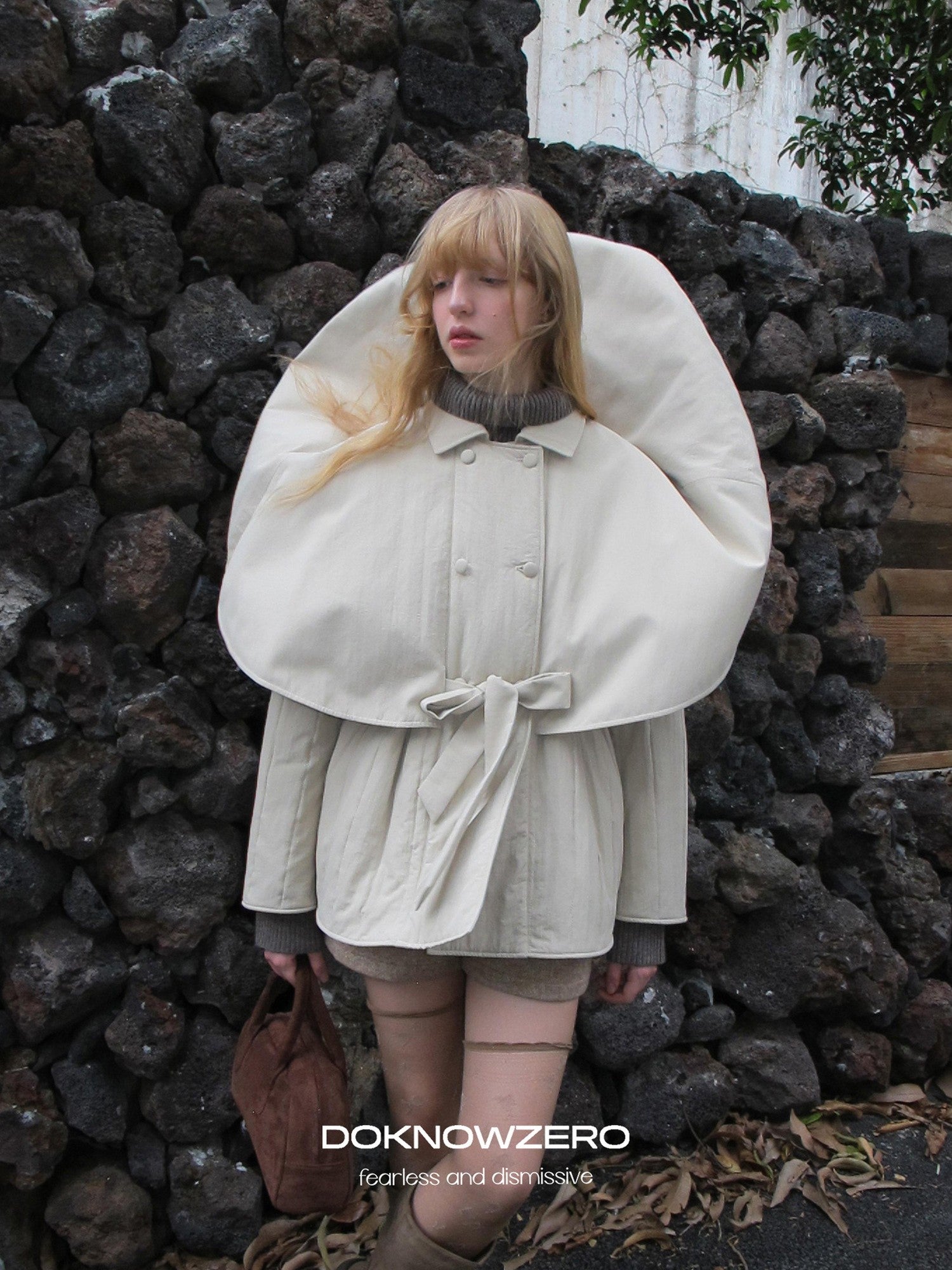 DKZ OFFICIAL Apricot Cape Style Double Breasted Belted Women&