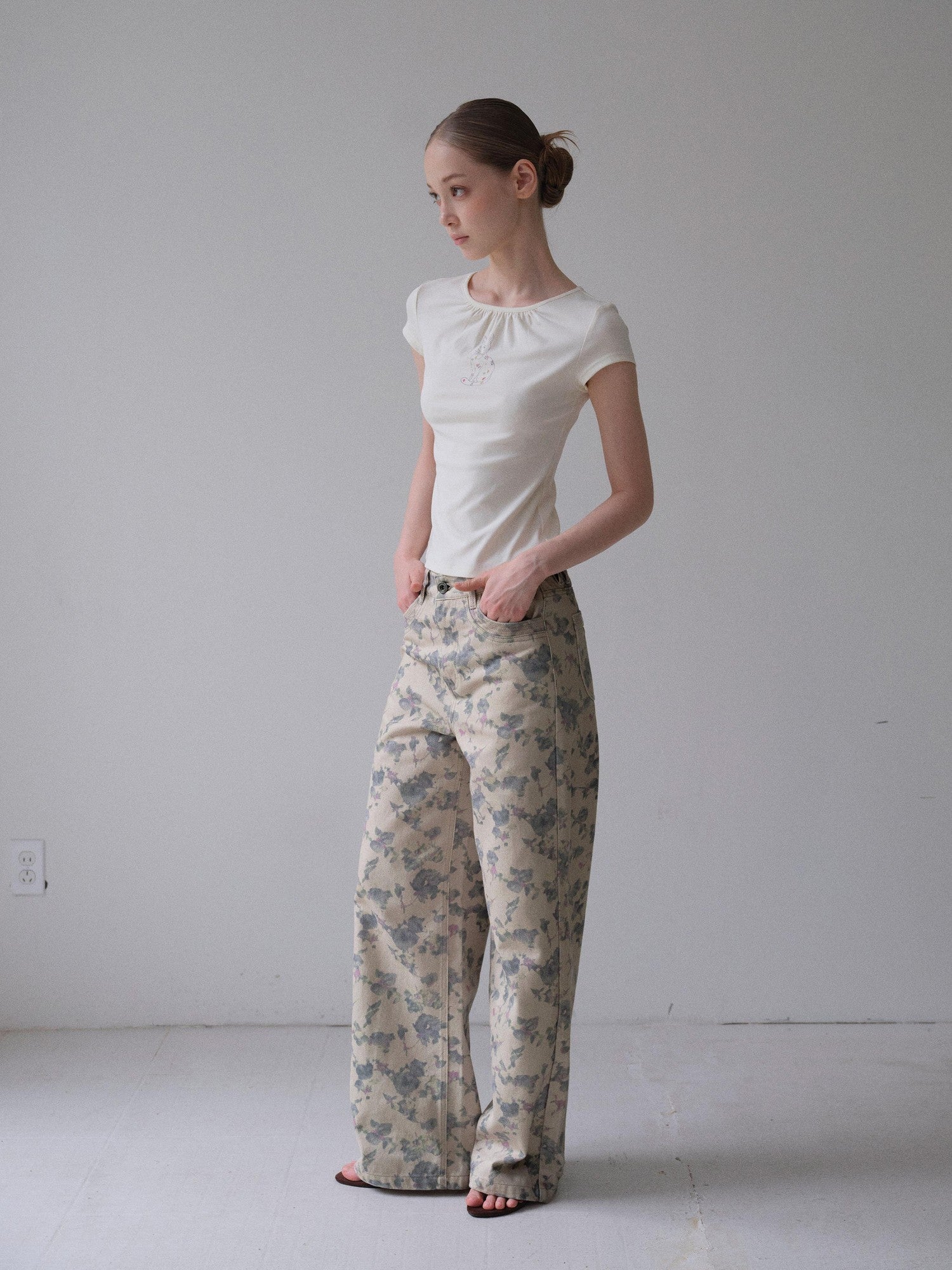 DKZ OFFICIAL Apricot Kitten Floral Ruched Women&