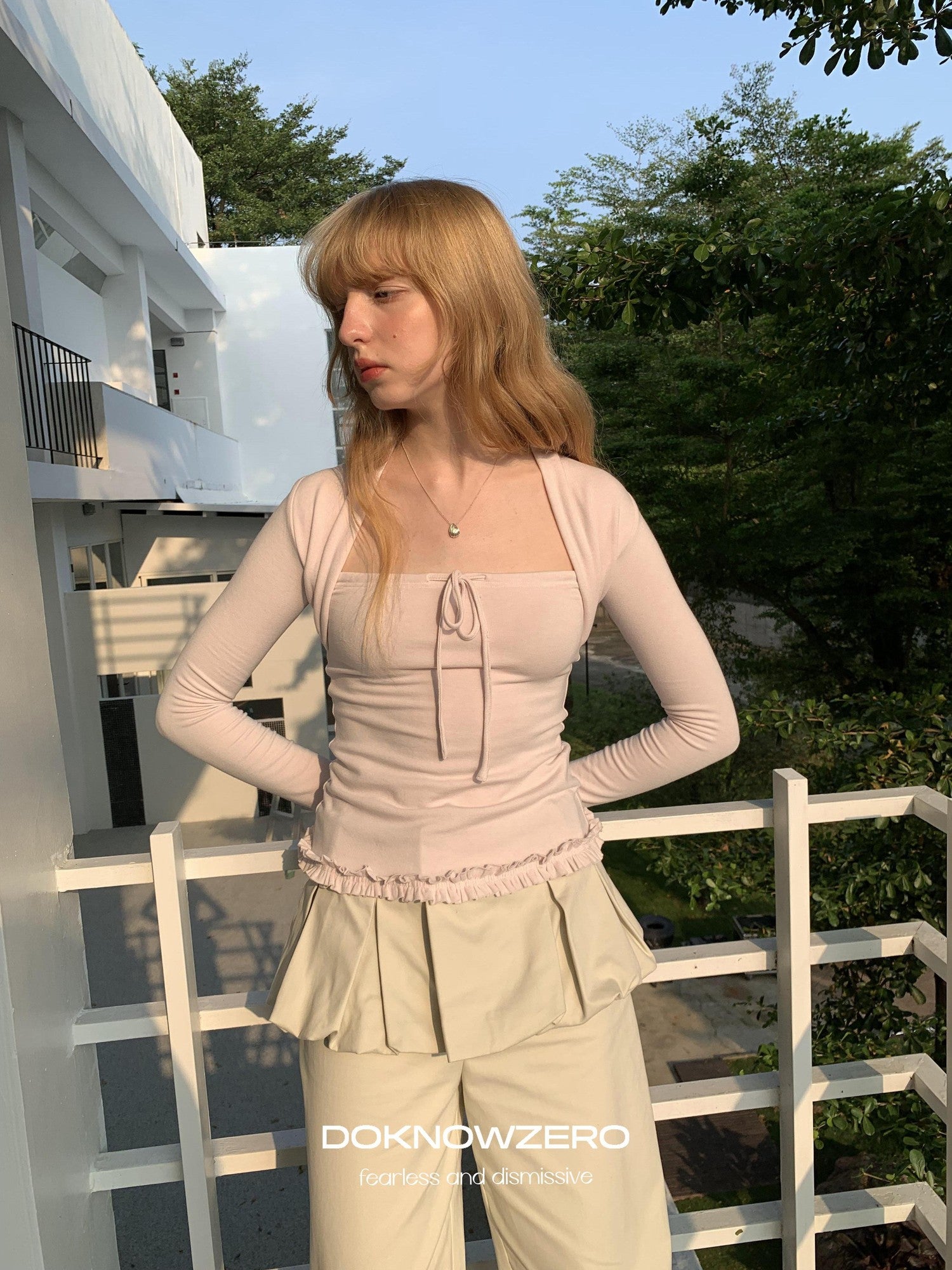 DKZ OFFICIAL Apricot Peony Patchwork Faux Layered Women&