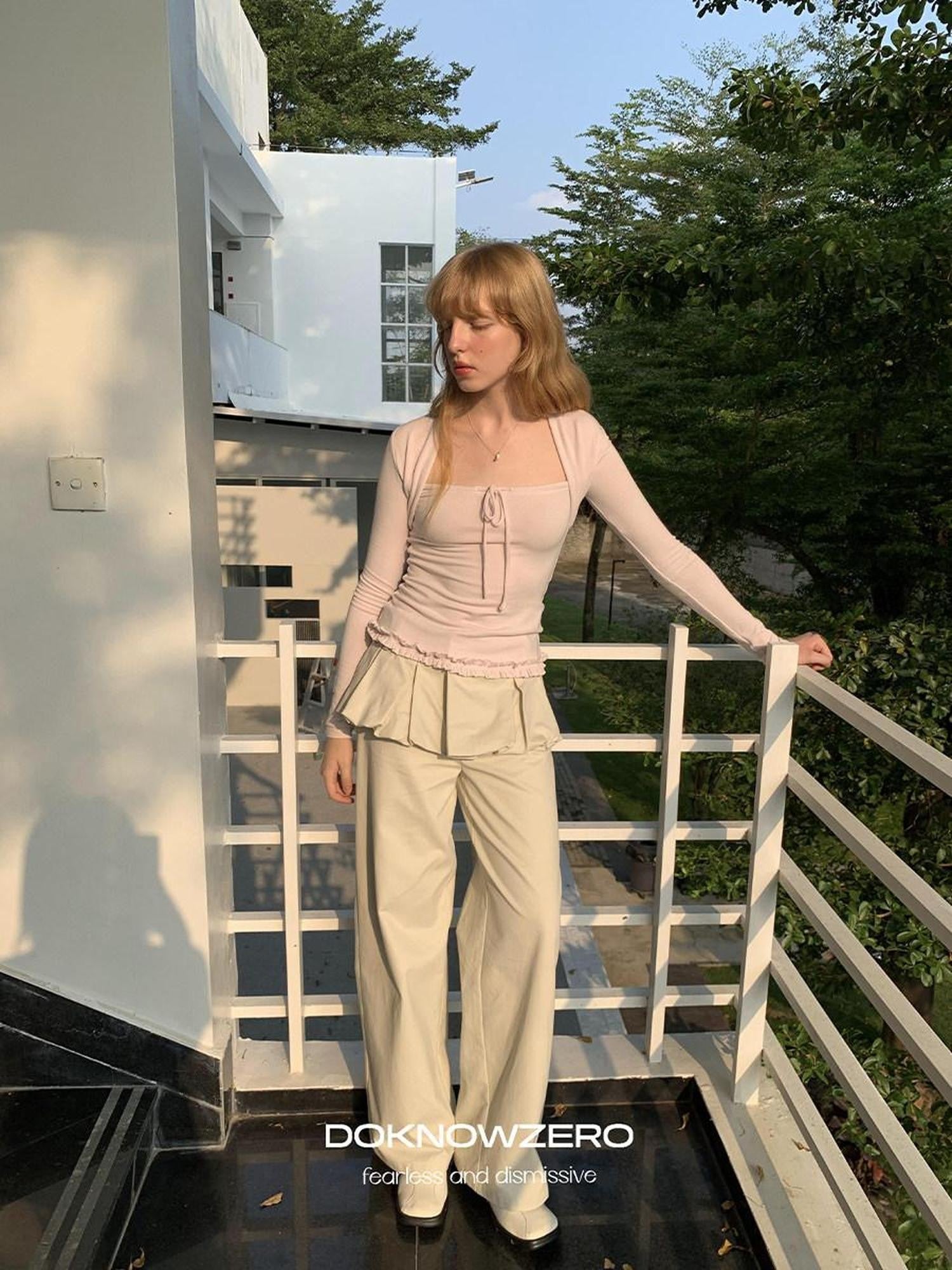DKZ OFFICIAL Apricot Peony Patchwork Faux Layered Women&