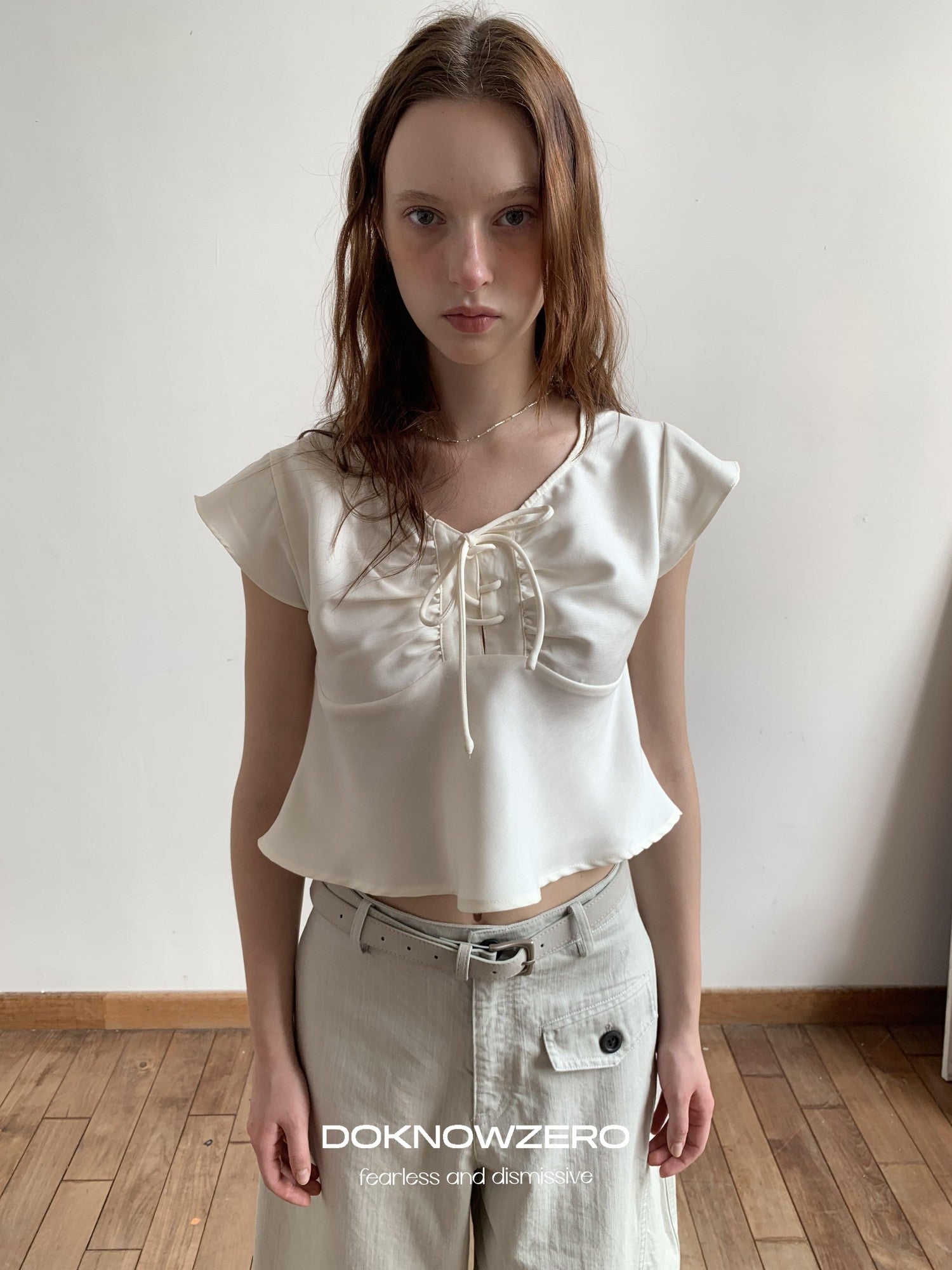 DKZ OFFICIAL Apricot Tie V-neck Cap Sleeve Cropped Women&
