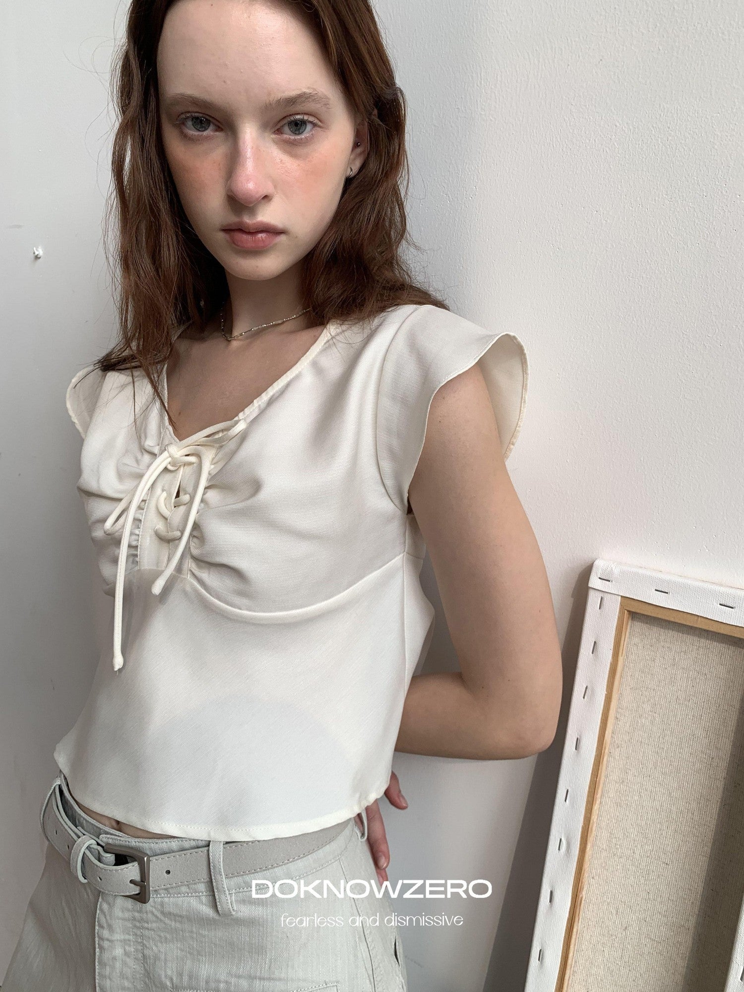 DKZ OFFICIAL Apricot Tie V-neck Cap Sleeve Cropped Women&