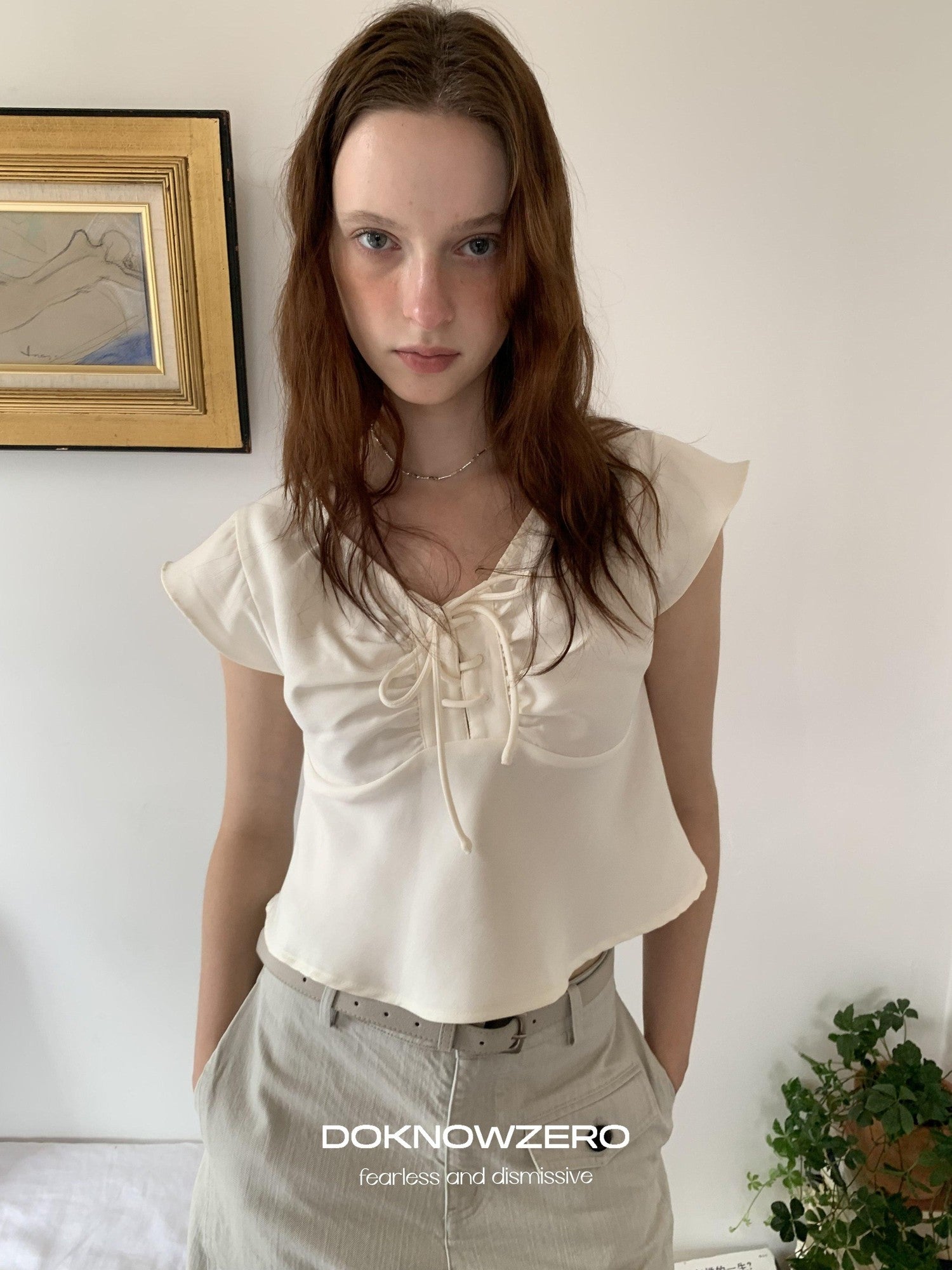 DKZ OFFICIAL Apricot Tie V-neck Cap Sleeve Cropped Women&