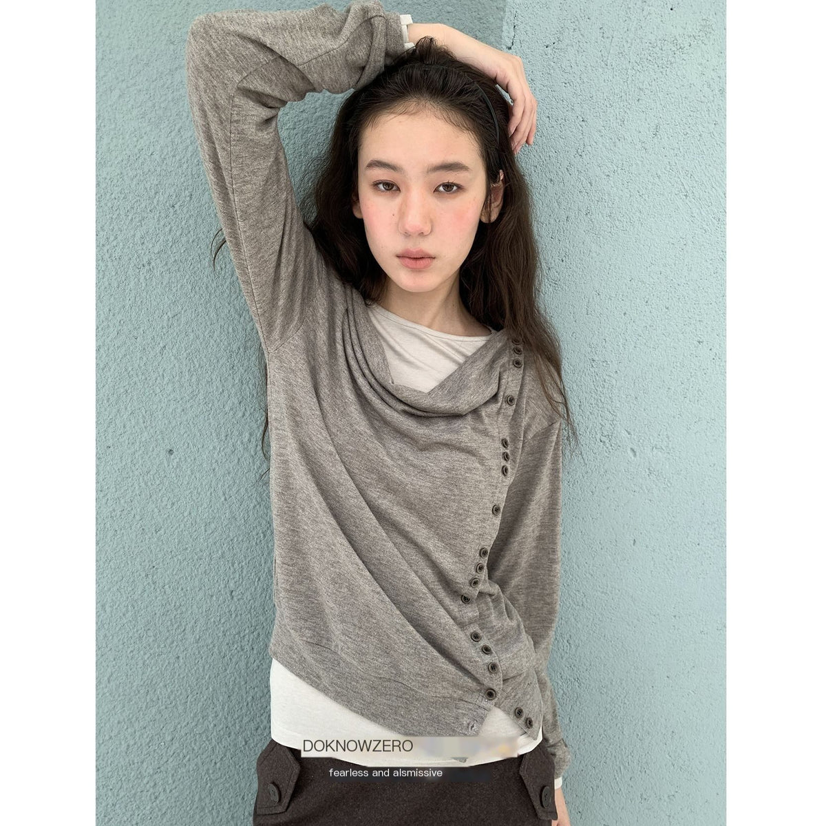 DKZ_OFFICIAL_Asymmetric_Button_Drape_Neck_Cardigan_Two_Piece_Women&