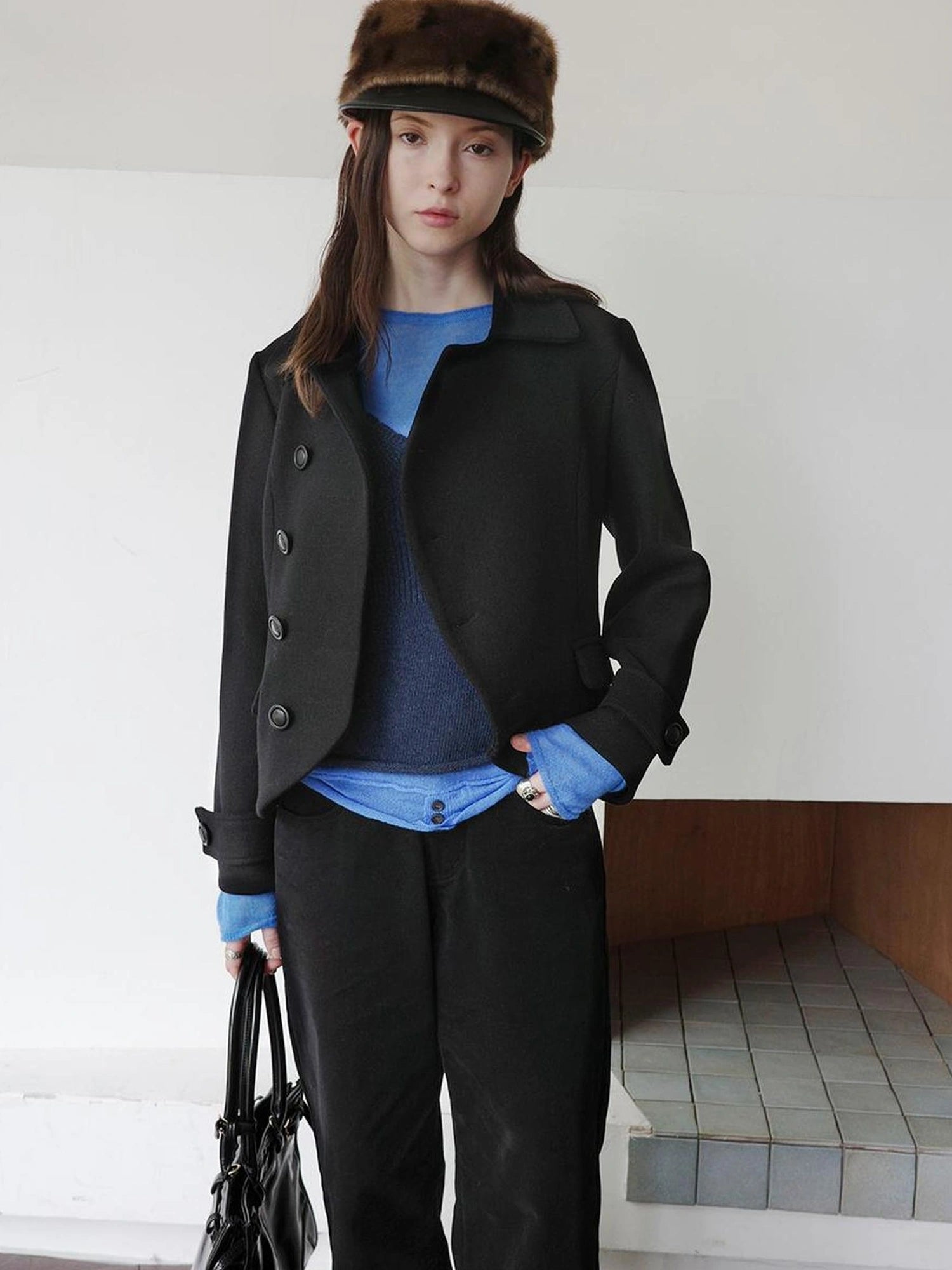 DKZ OFFICIAL Asymmetric Placket Slim Fit Short Wool Coat