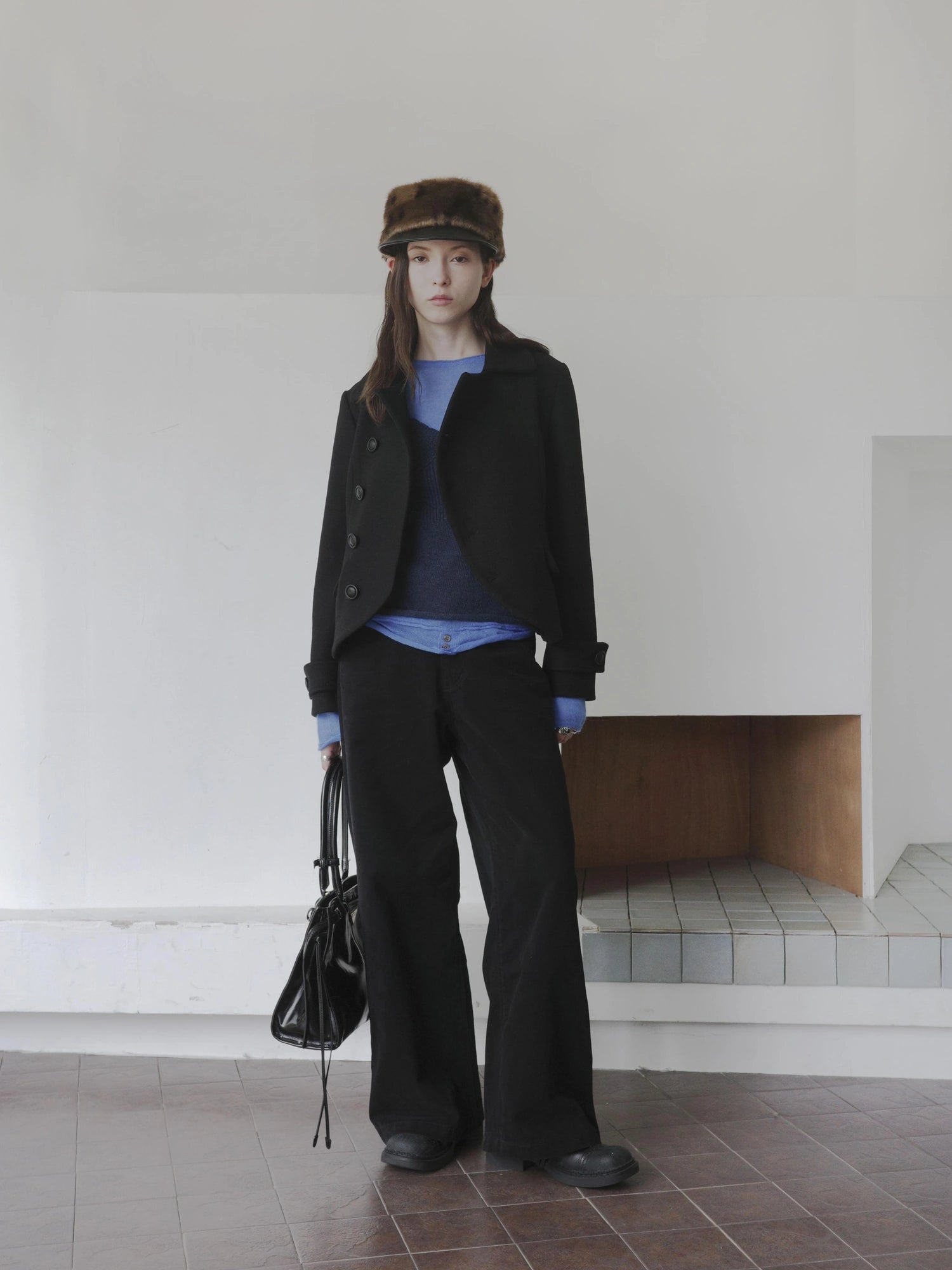 DKZ OFFICIAL Asymmetric Placket Slim Fit Short Wool Coat