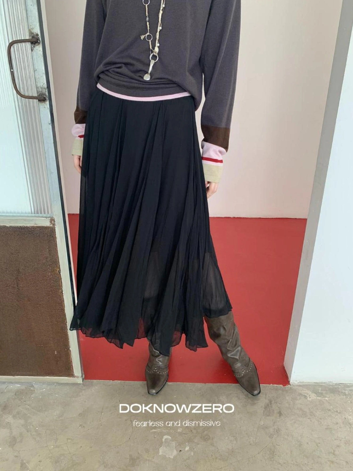 DKZ OFFICIAL Asymmetrical Chiffon Midi Skirt