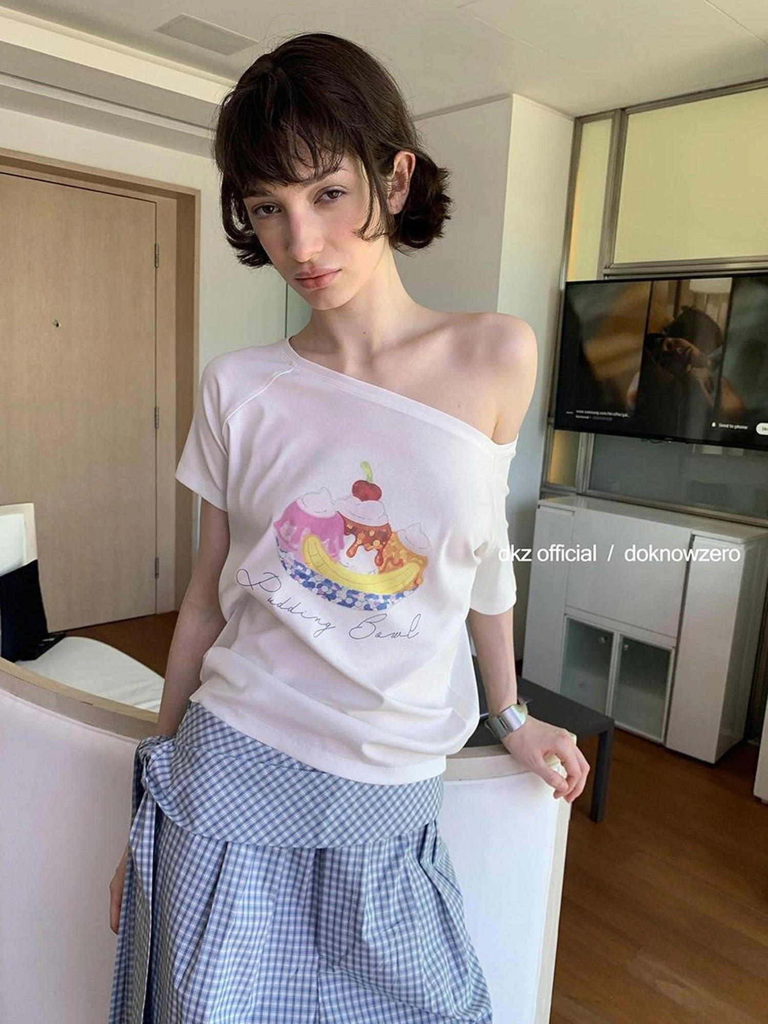 DKZ OFFICIAL Asymmetrical Off Shoulder Cotton T-shirt