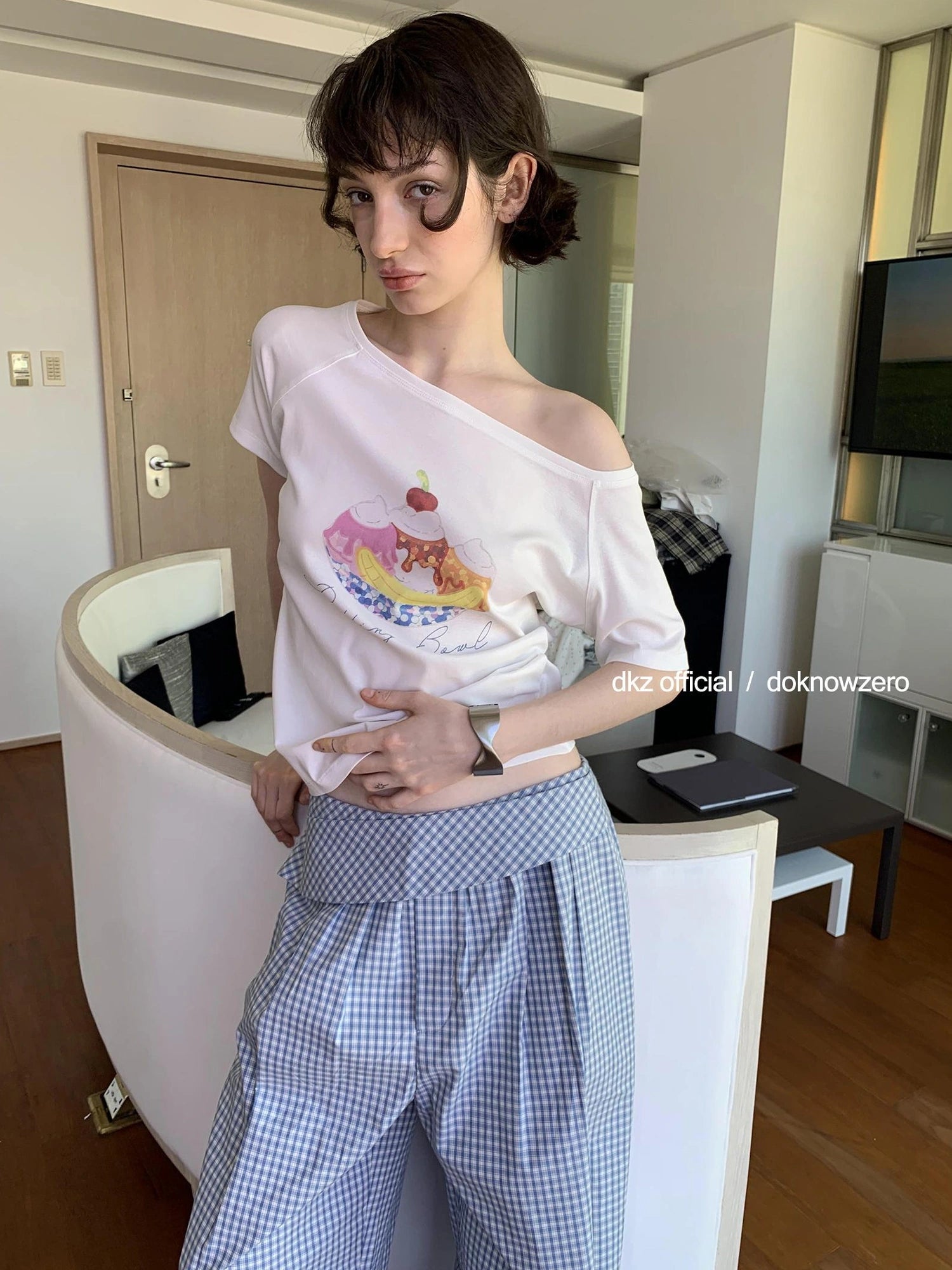 DKZ OFFICIAL Asymmetrical Off Shoulder Cotton T-shirt