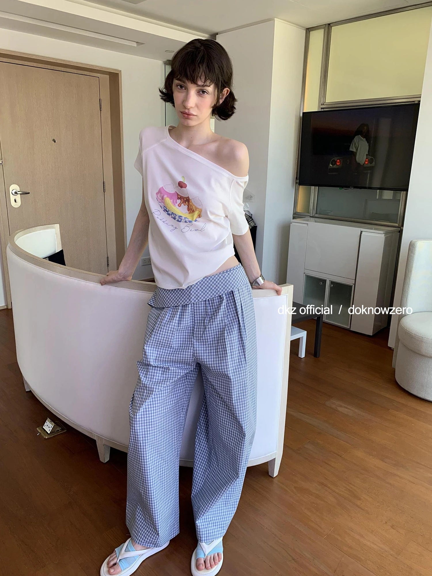 DKZ OFFICIAL Asymmetrical Off Shoulder Cotton T-shirt