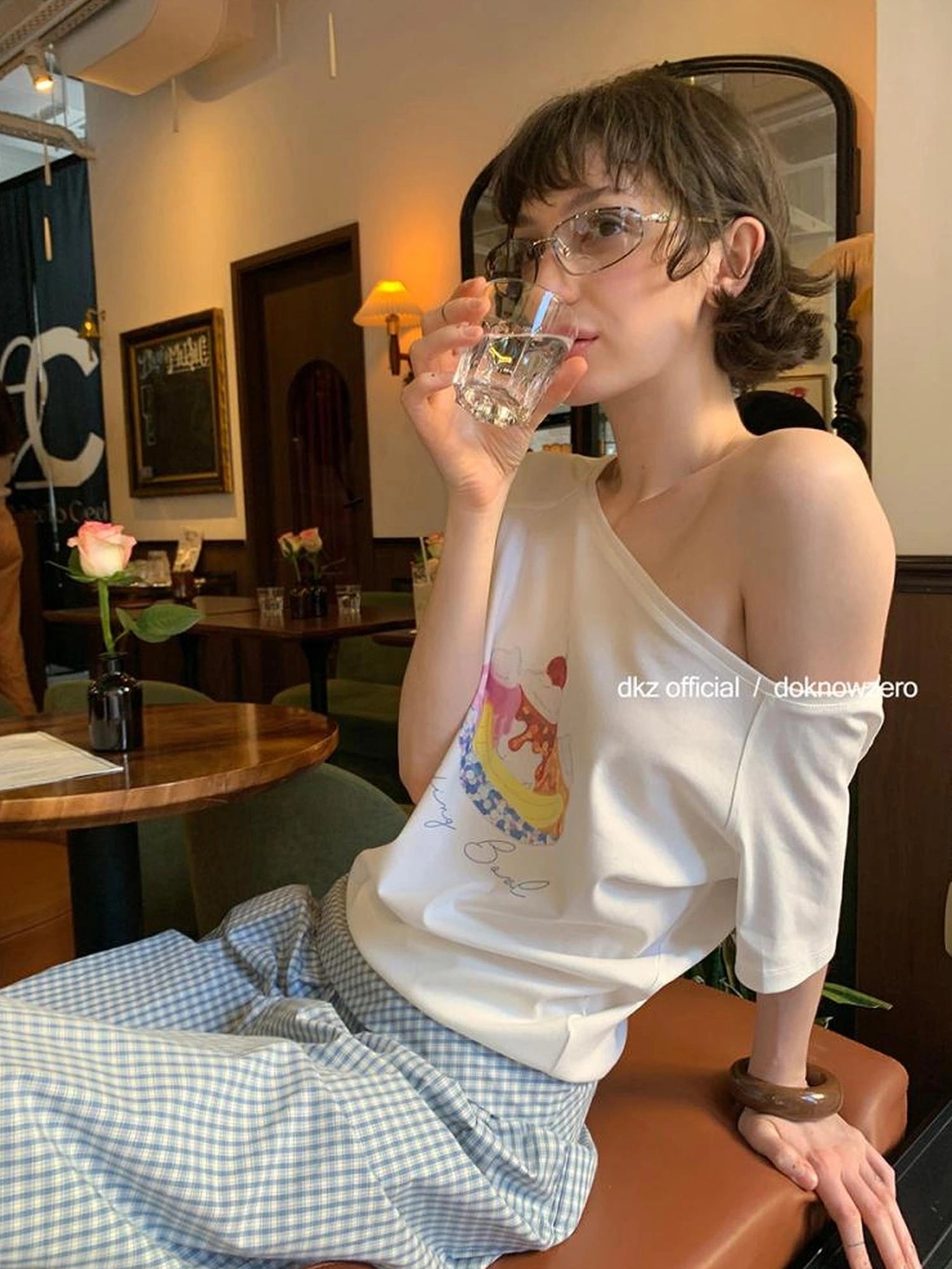 DKZ OFFICIAL Asymmetrical Off Shoulder Cotton T-shirt