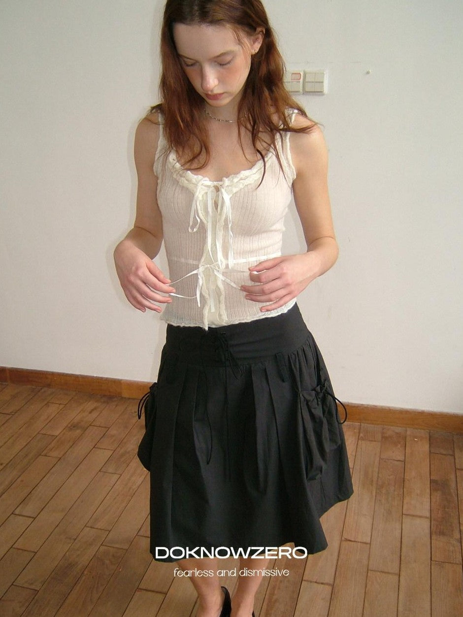 DKZ OFFICIAL Ballet Lace Trim Knitted H Line Tie Strap Women&