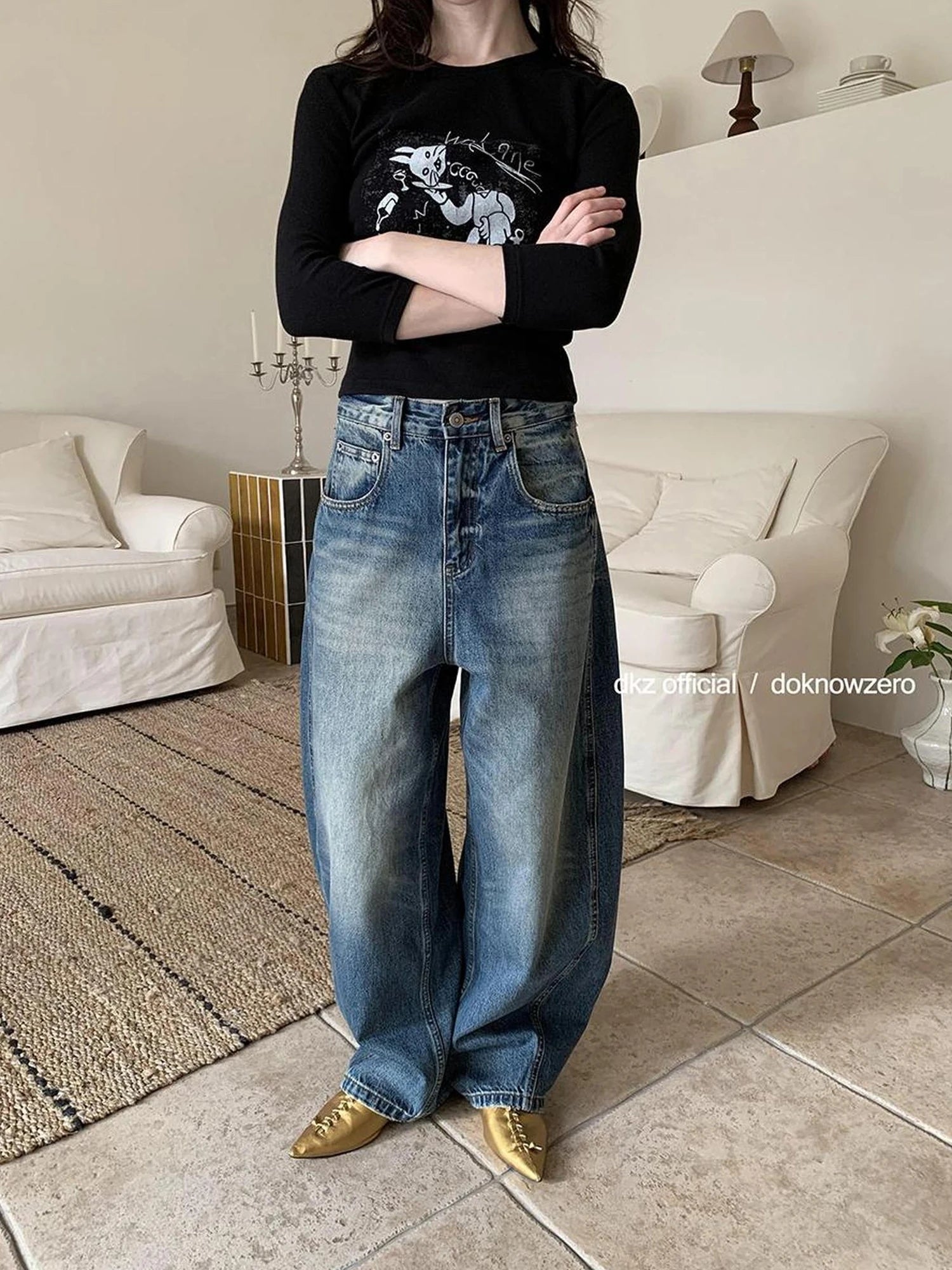 DKZ OFFICIAL Banana Fit Flared Jeans For Women Loose Retro Wide Leg Trousers