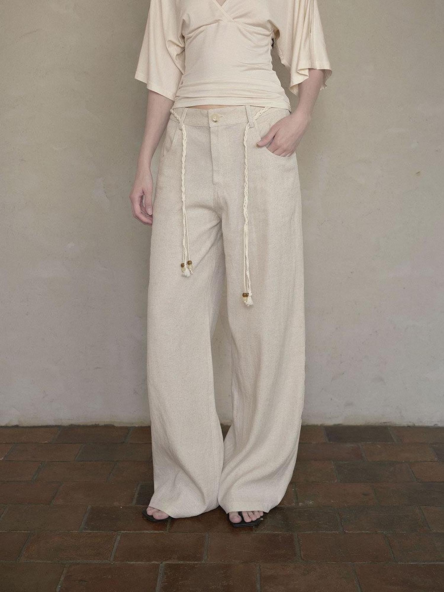 DKZ OFFICIAL Beige Natural Waist Drawstring Button Women&