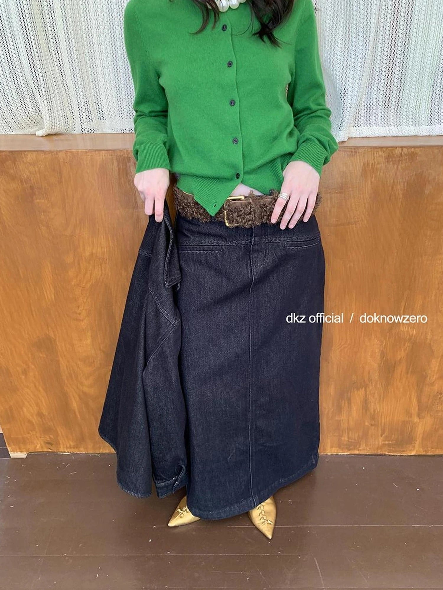 Black Flocked Denim Slit Skirt