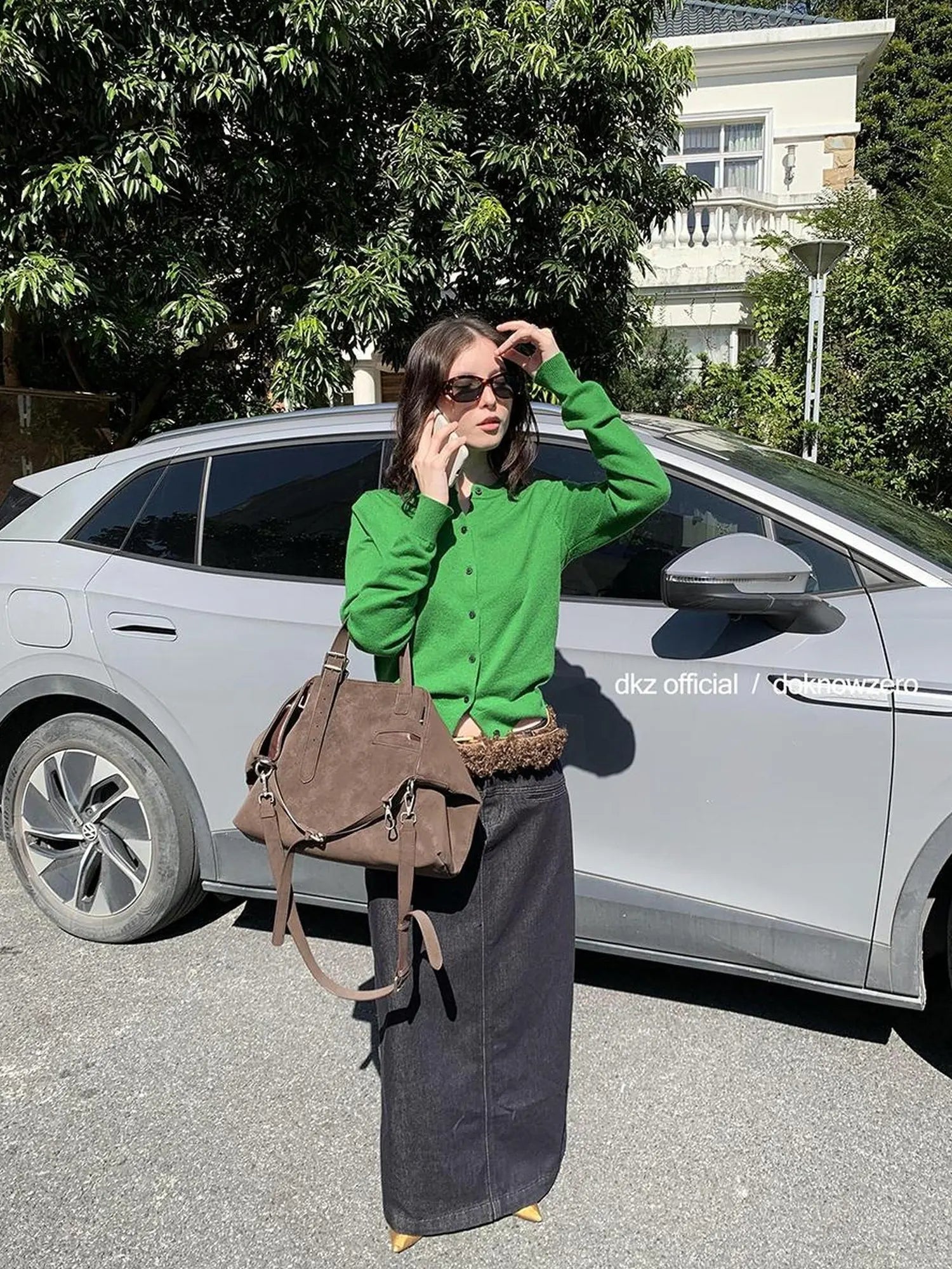 Black Flocked Denim Slit Skirt