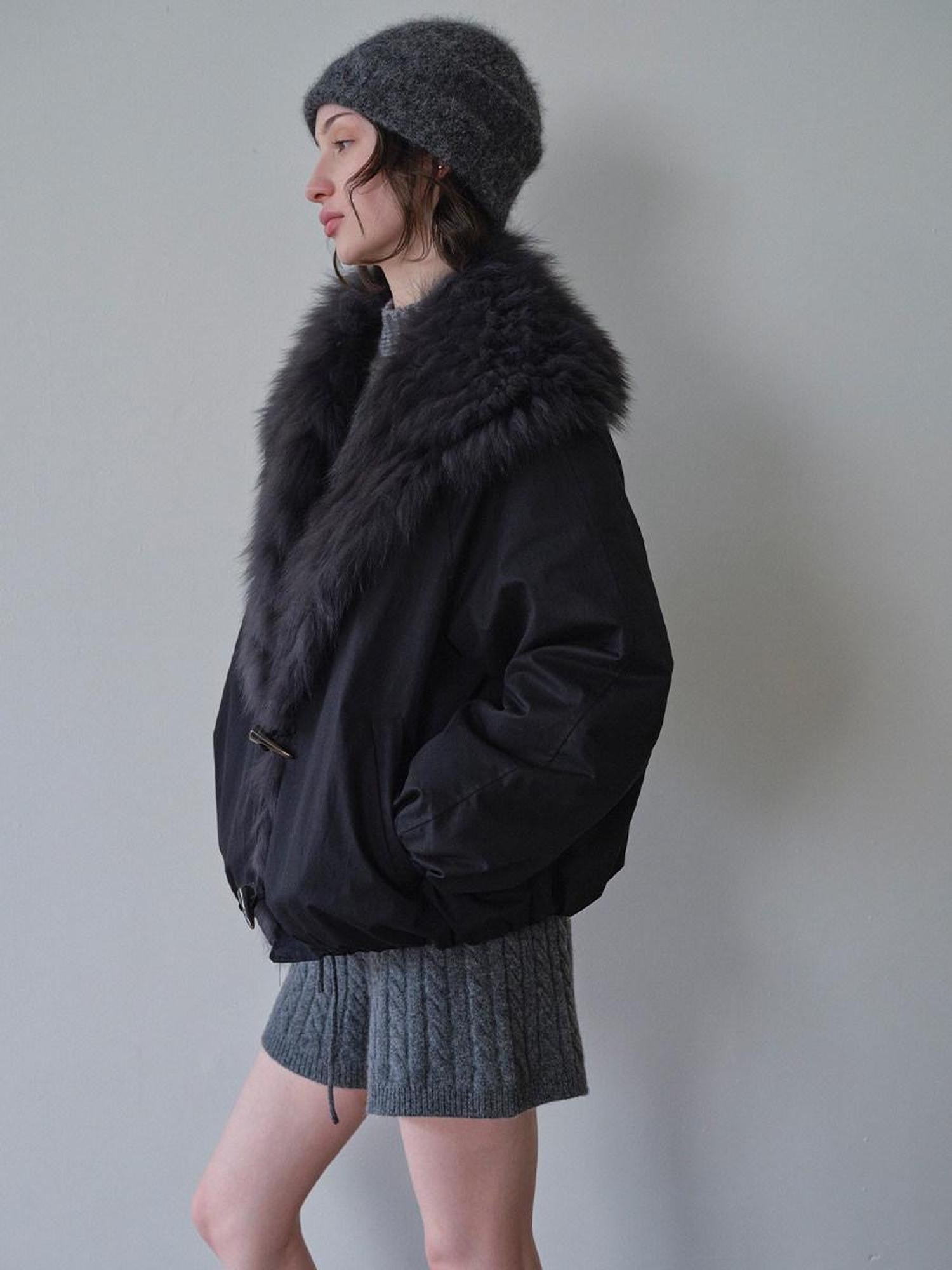 Black Fur Trimmed Collar Loose Fit Women&