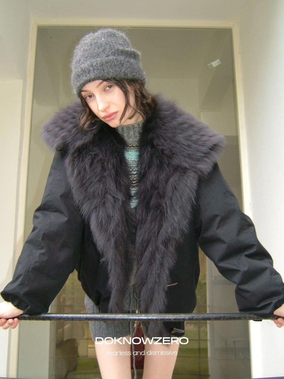 Black Fur Trimmed Collar Loose Fit Women&