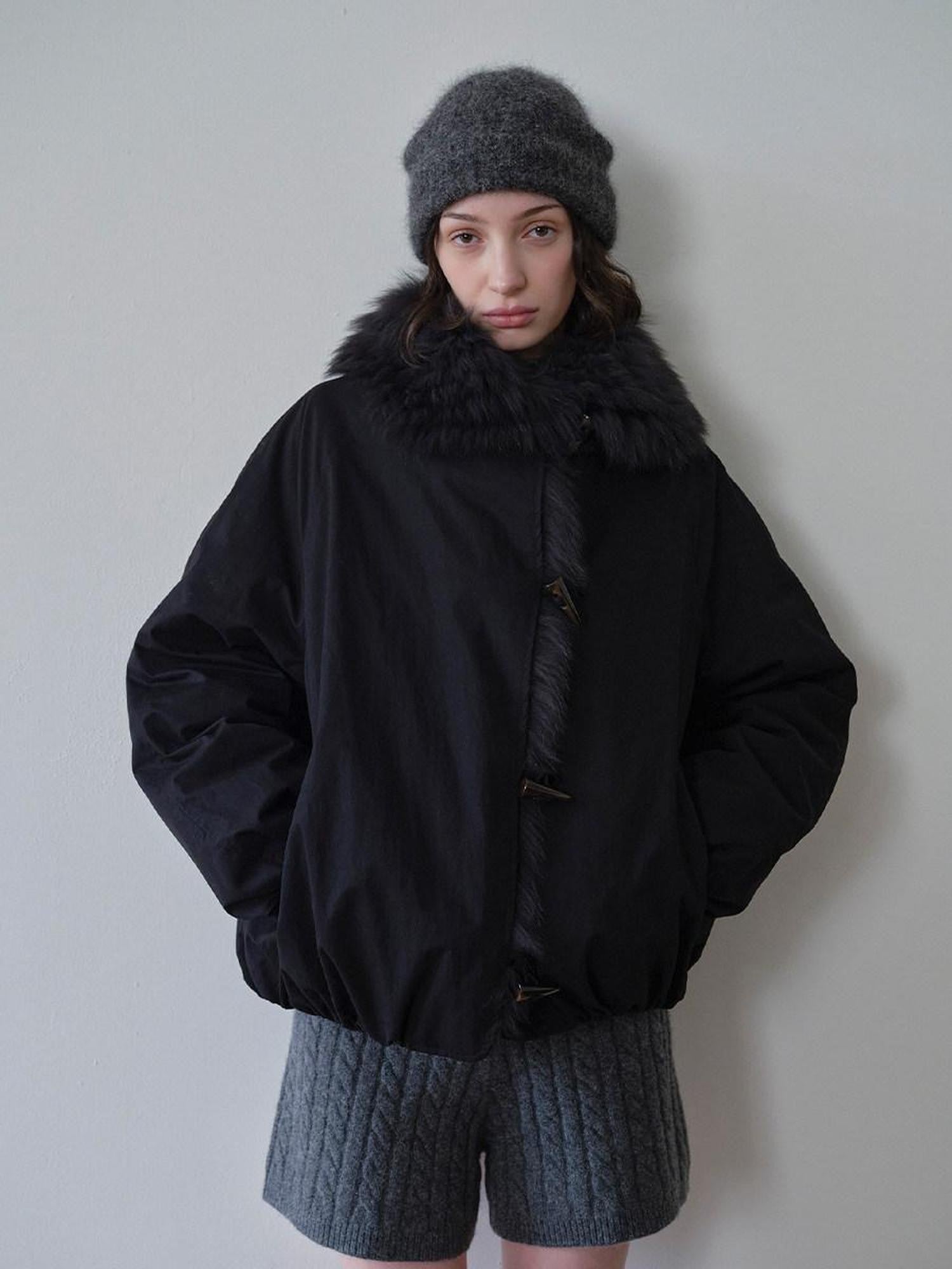 DKZ OFFICIAL Black Fur Trimmed Collar Loose Fit Women&