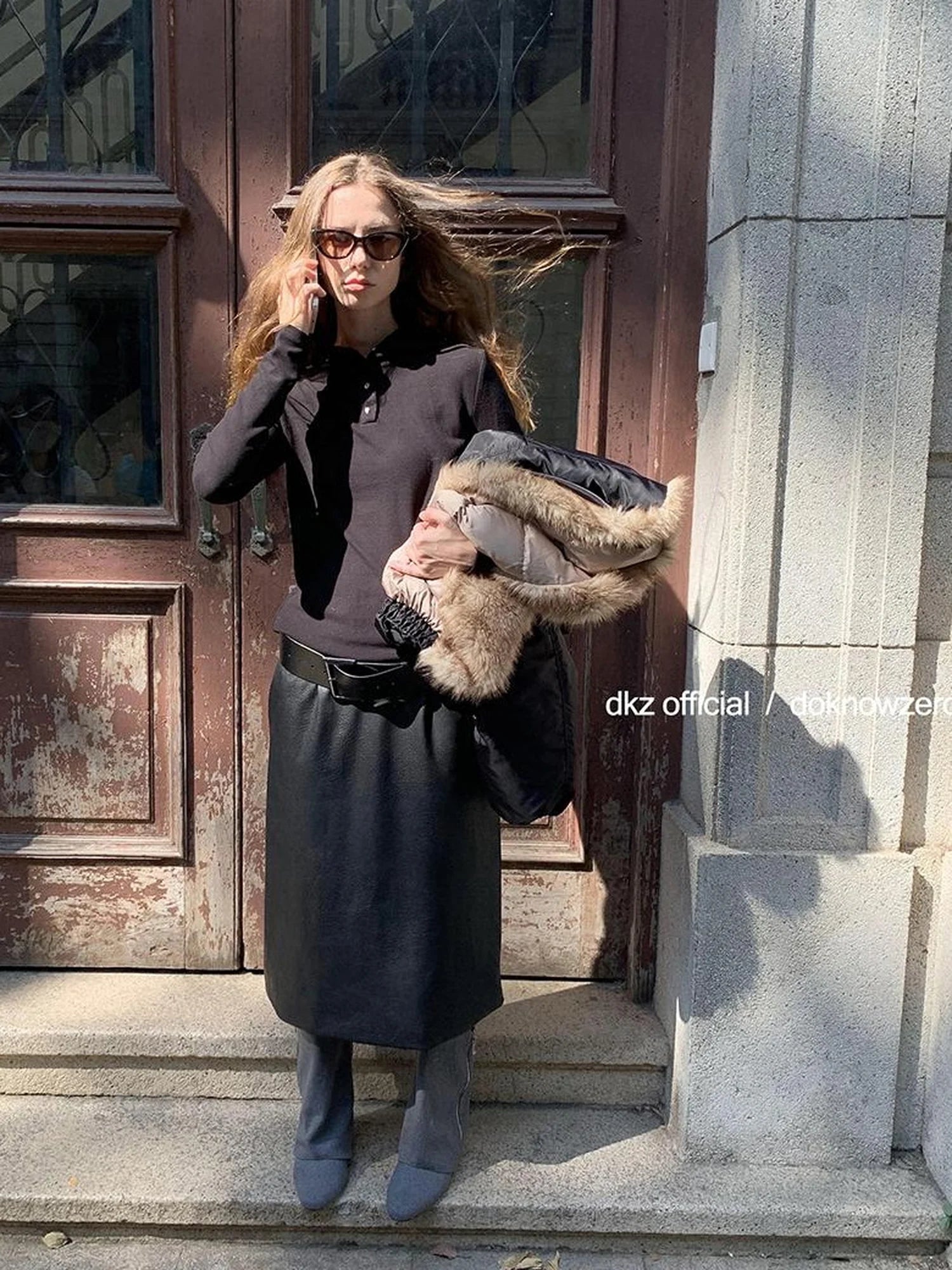 DKZ OFFICIAL Black Hooded Long Sleeve T-shirt For Autumn Winter Minimalist Layering