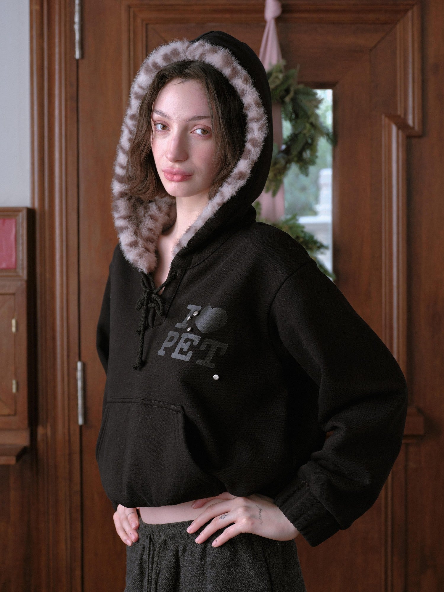 DKZ OFFICIAL Black Leopard Print Fuzzy Hooded Women&