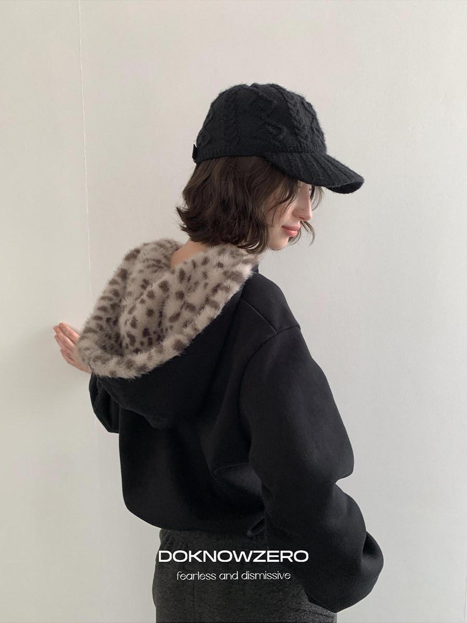 DKZ OFFICIAL Black Leopard Print Fuzzy Hooded Women&