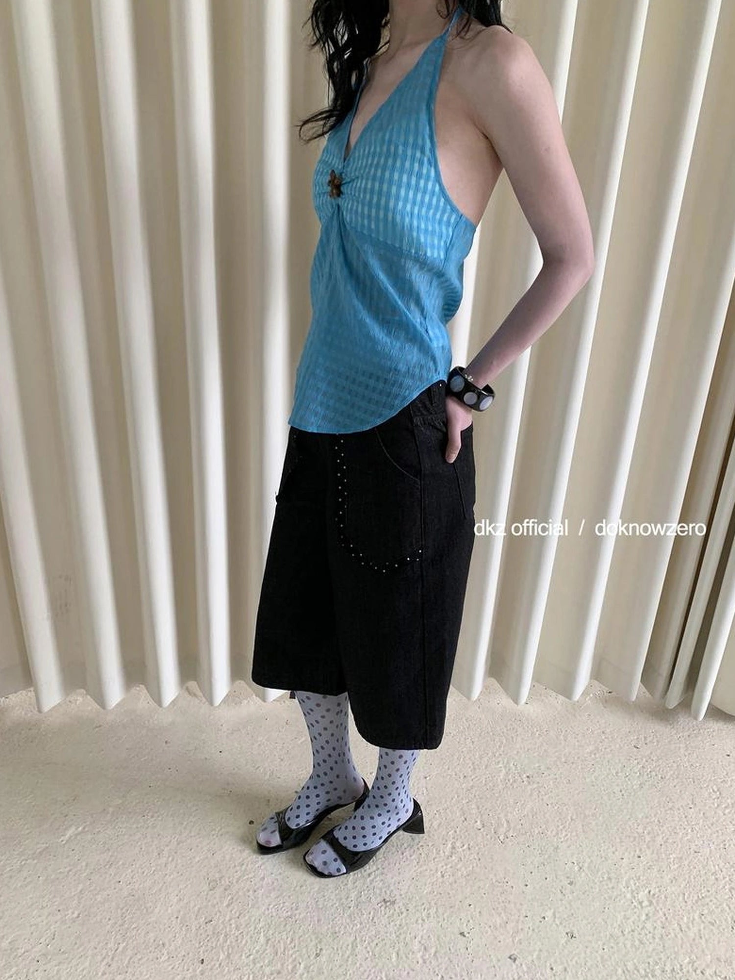 DKZ OFFICIAL Black Polka Dot Patchwork Denim Mid Length Shorts