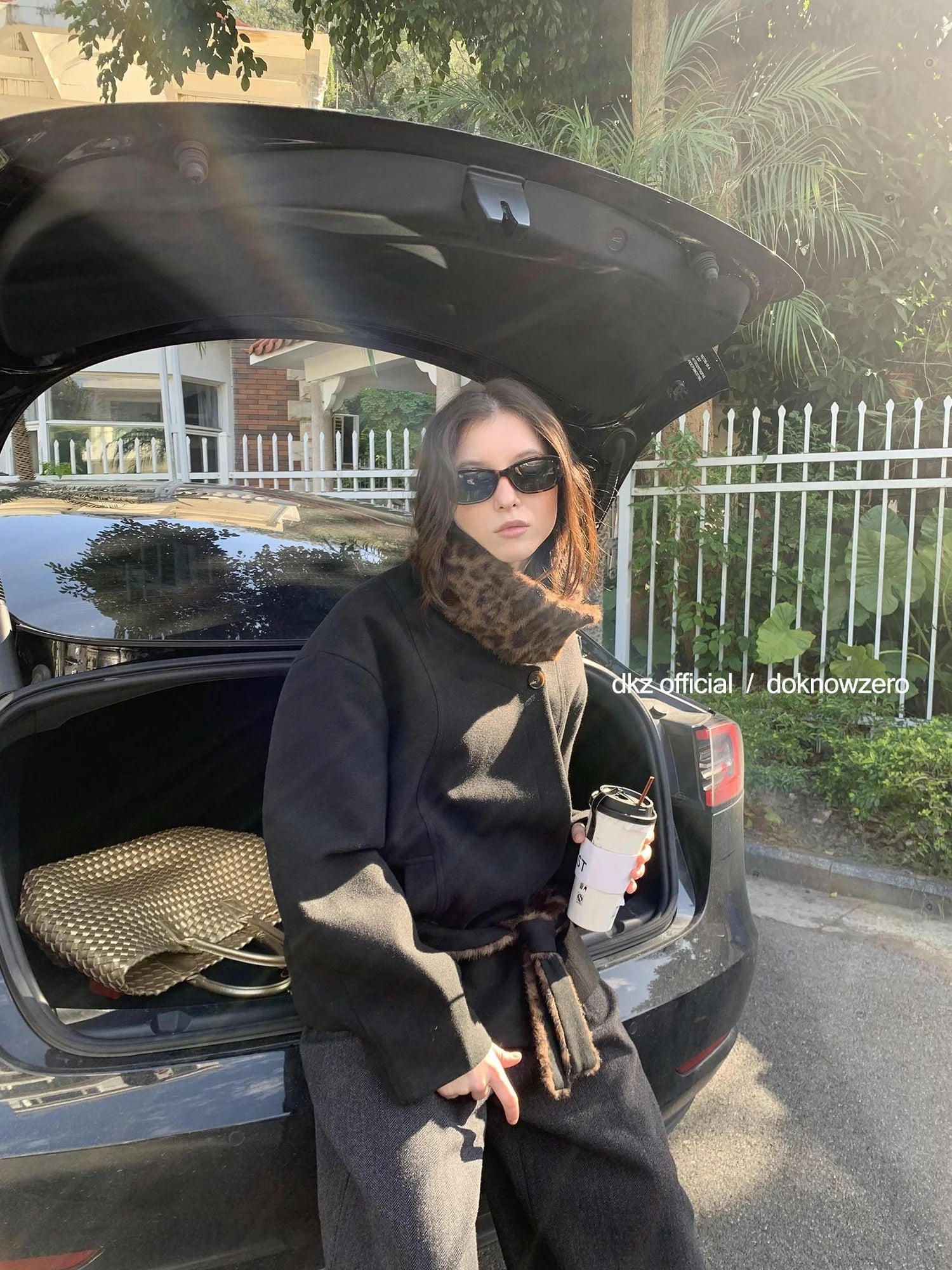 DKZ OFFICIAL Black Stand Collar Leopard Print Quilted Waist Cinching Coat