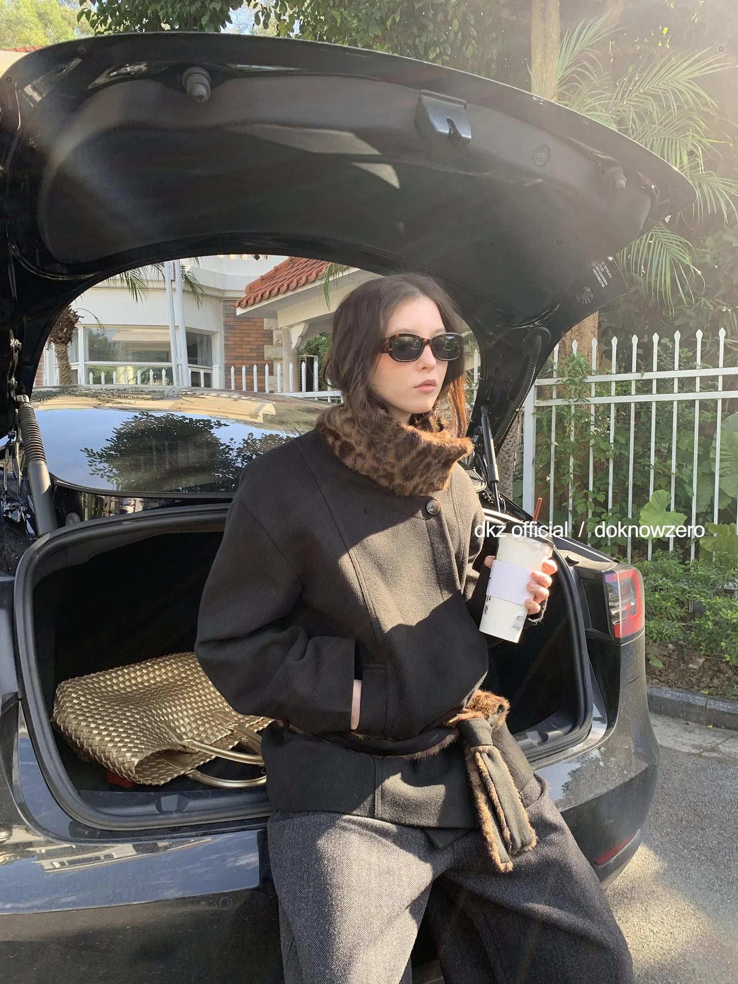 DKZ OFFICIAL Black Stand Collar Leopard Print Quilted Waist Cinching Coat