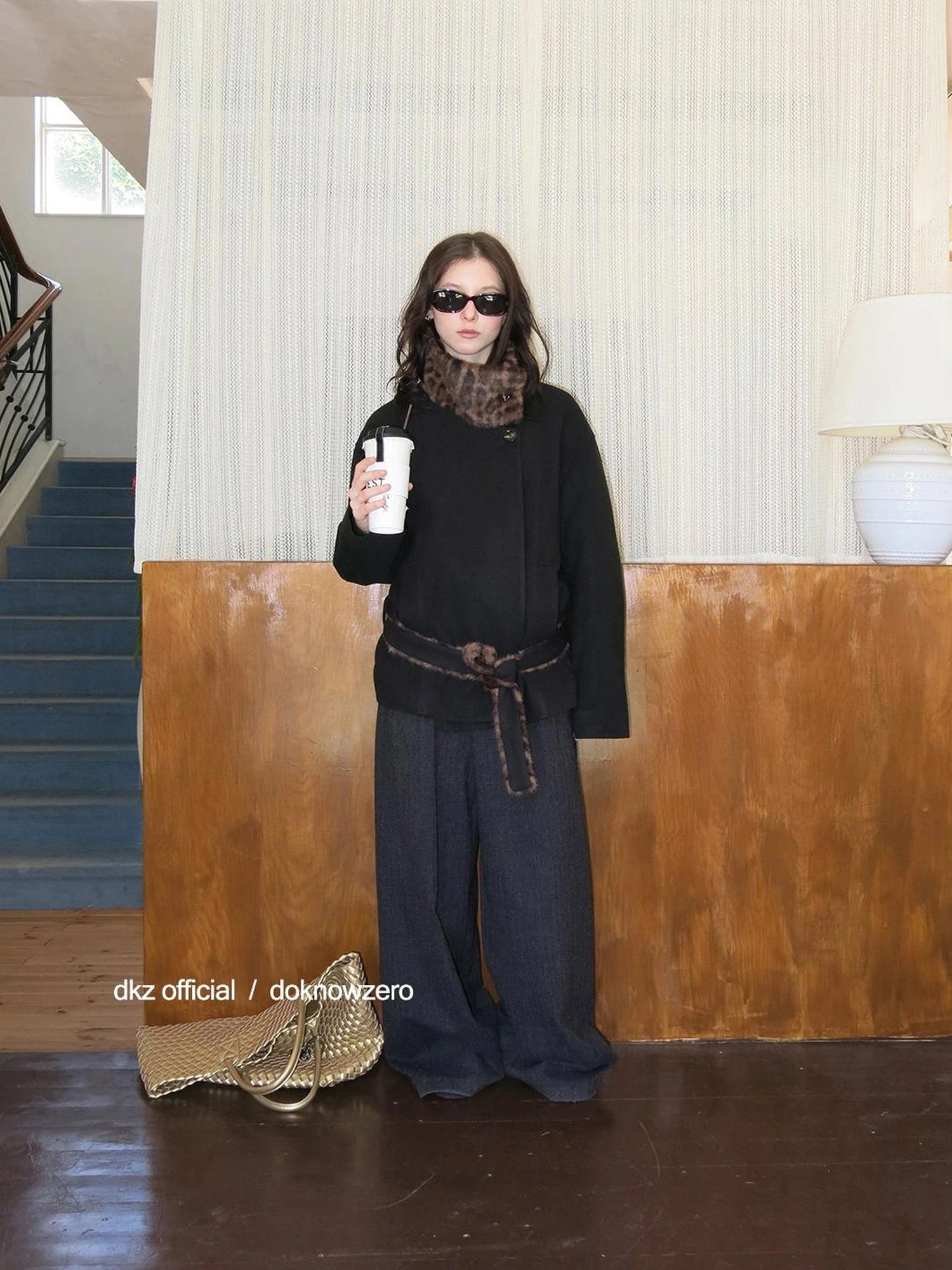 DKZ OFFICIAL Black Stand Collar Leopard Print Quilted Waist Cinching Coat