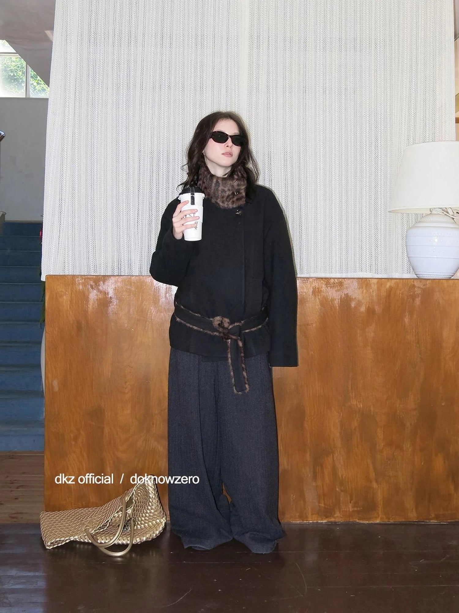 DKZ OFFICIAL Black Stand Collar Leopard Print Quilted Waist Cinching Coat