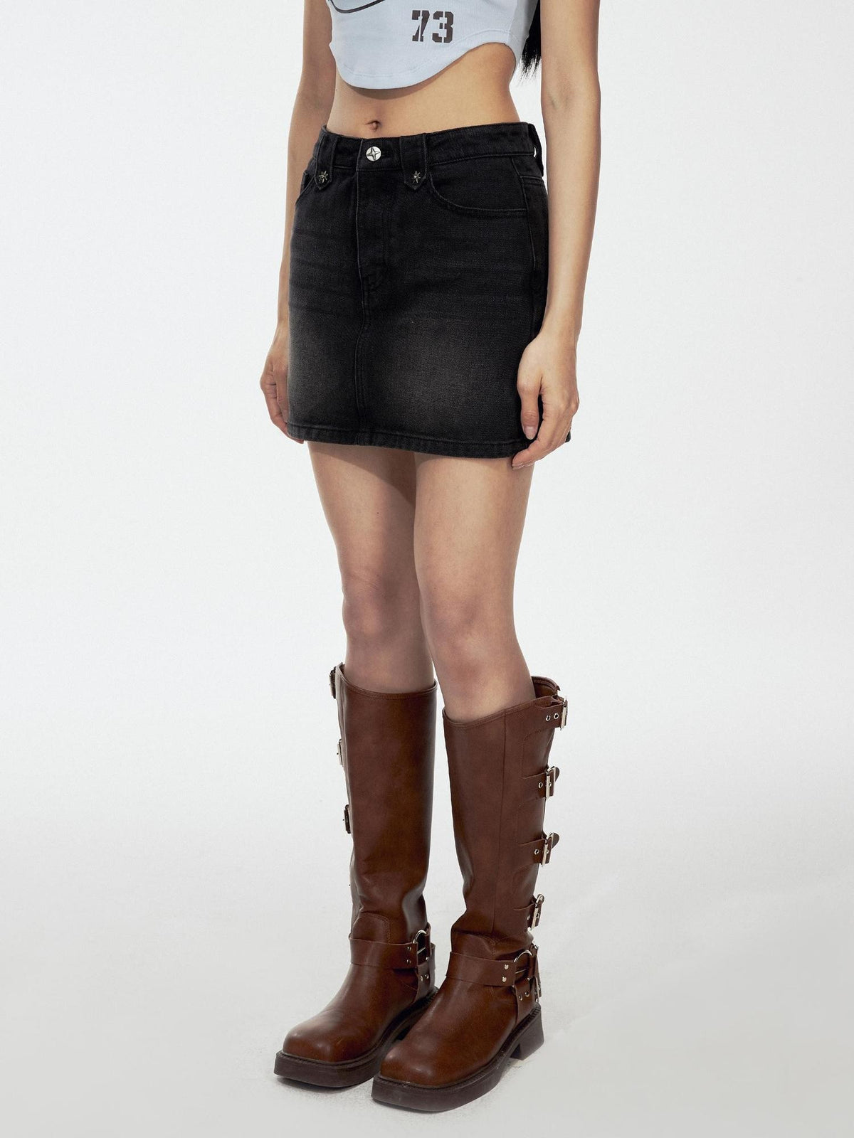 DKZ OFFICIAL Black Studded A Line High Waist Mini Slimming Women&