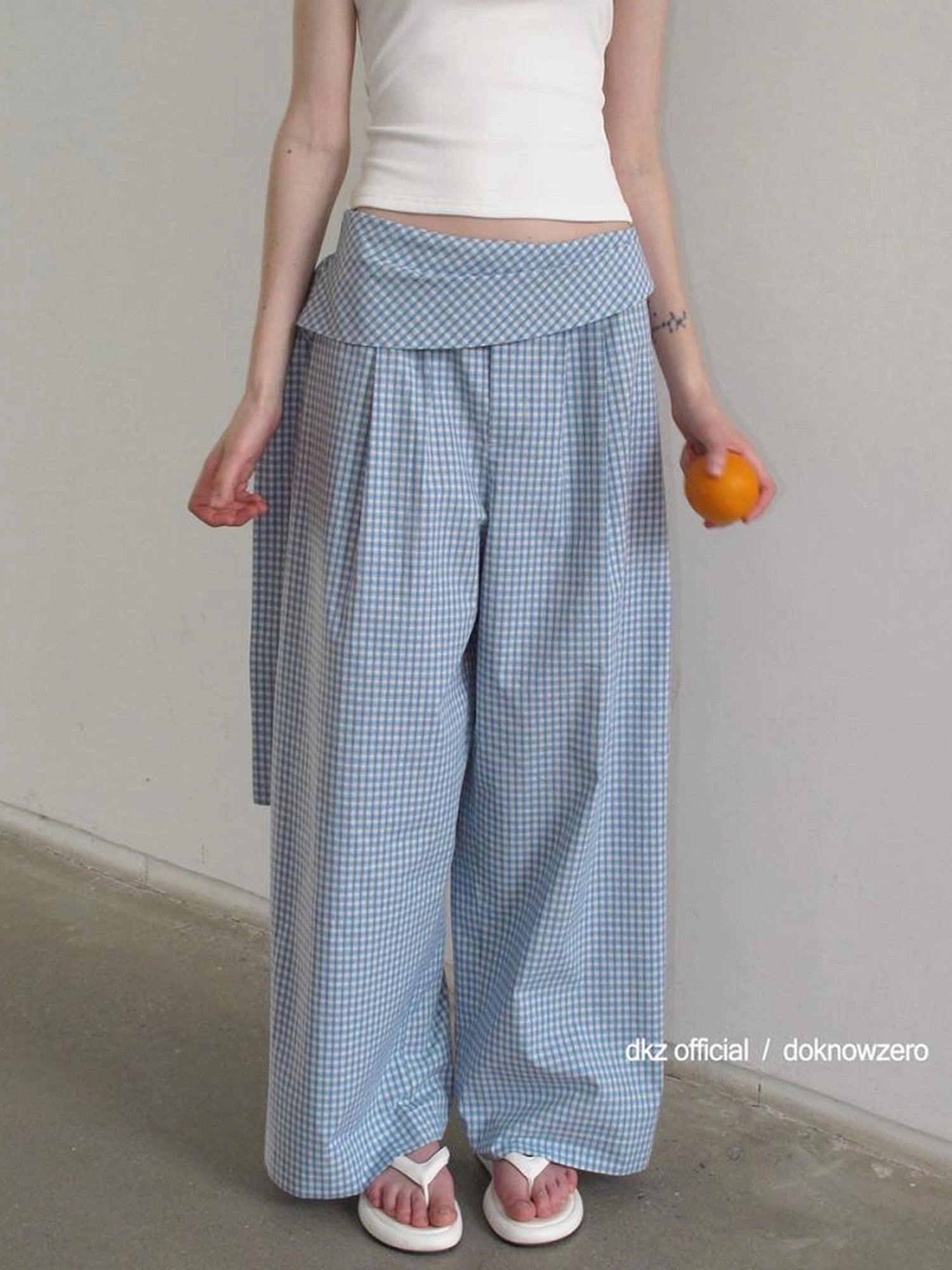 DKZ OFFICIAL Blue Checkered Wide Leg Trousers With Tie Waist
