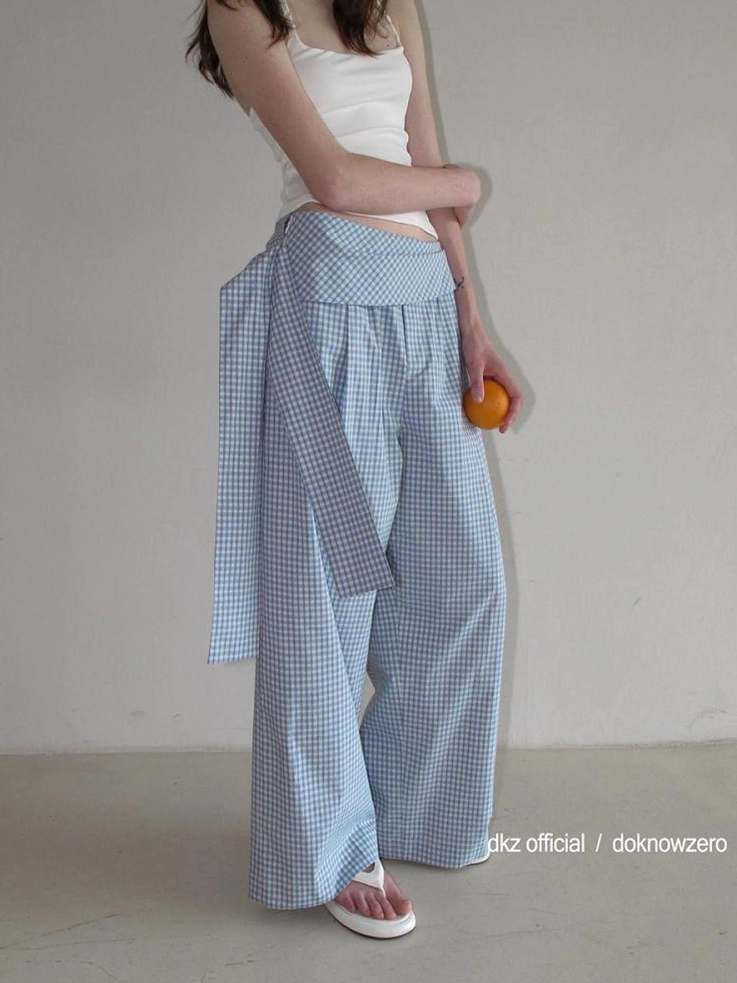 DKZ OFFICIAL Blue Checkered Wide Leg Trousers With Tie Waist