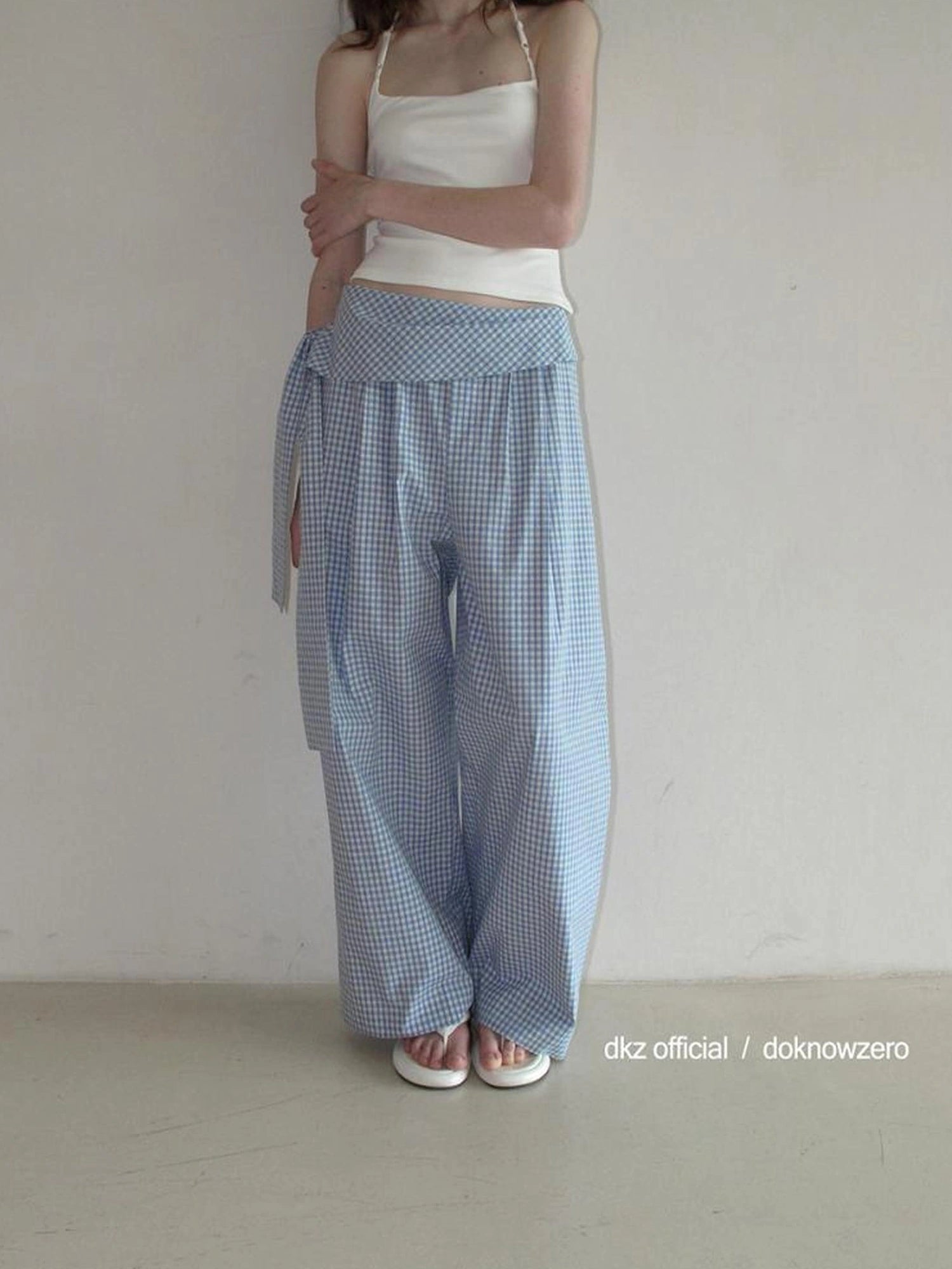 DKZ OFFICIAL Blue Checkered Wide Leg Trousers With Tie Waist