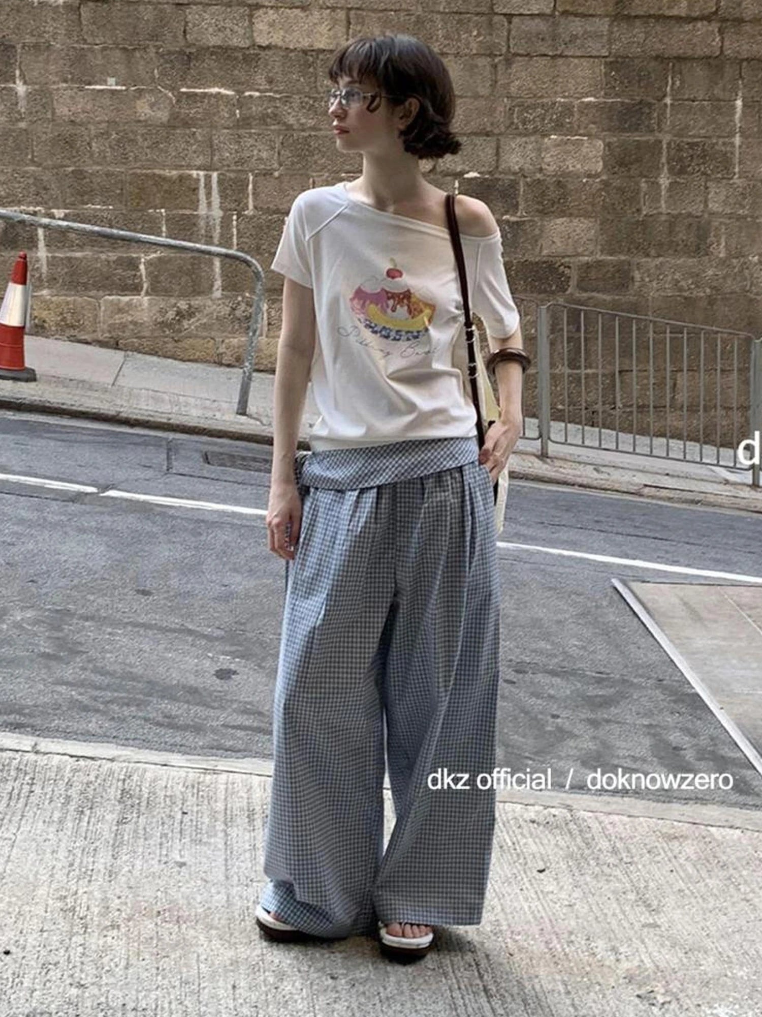 DKZ OFFICIAL Blue Checkered Wide Leg Trousers With Tie Waist