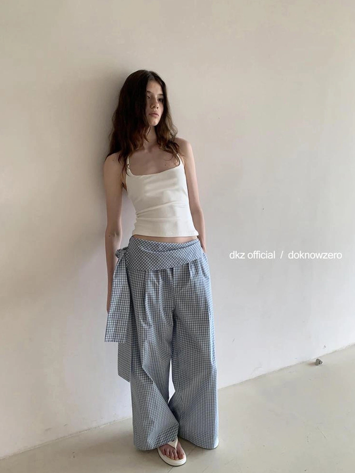 DKZ OFFICIAL Blue Checkered Wide Leg Trousers With Tie Waist