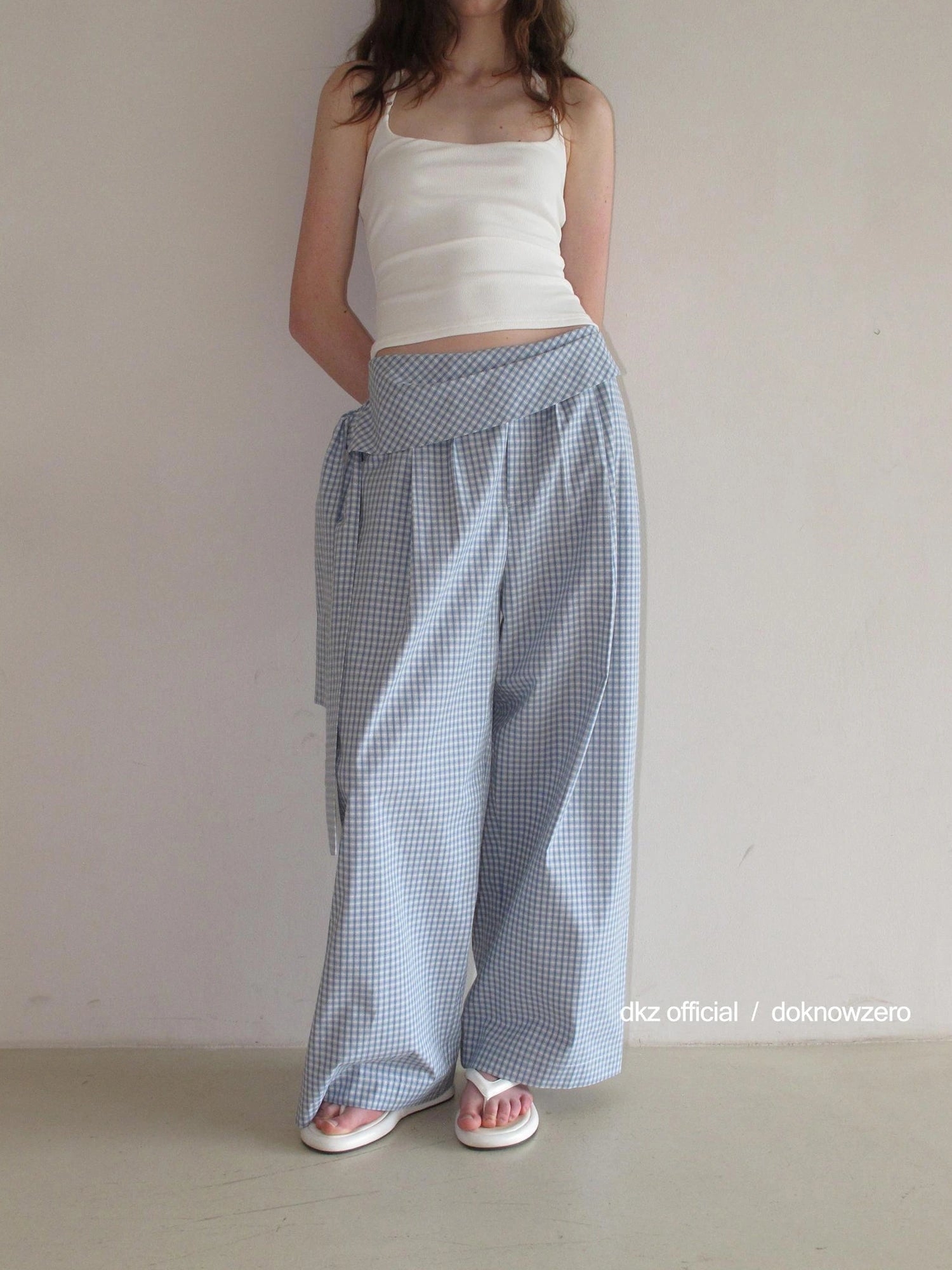 DKZ OFFICIAL Blue Checkered Wide Leg Trousers With Tie Waist