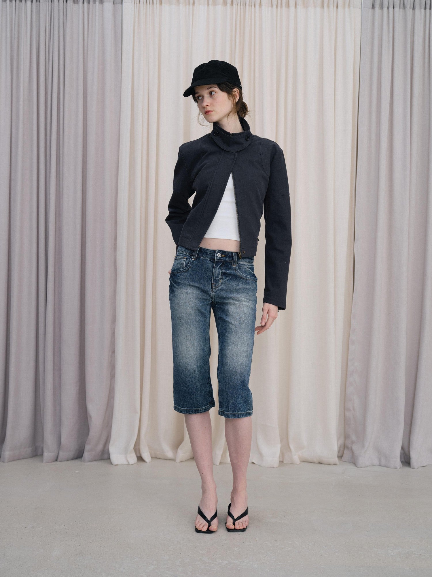 DKZ OFFICIAL Blue Cropped Vintage Adjustable Waist Straight Cotton Blend Women&