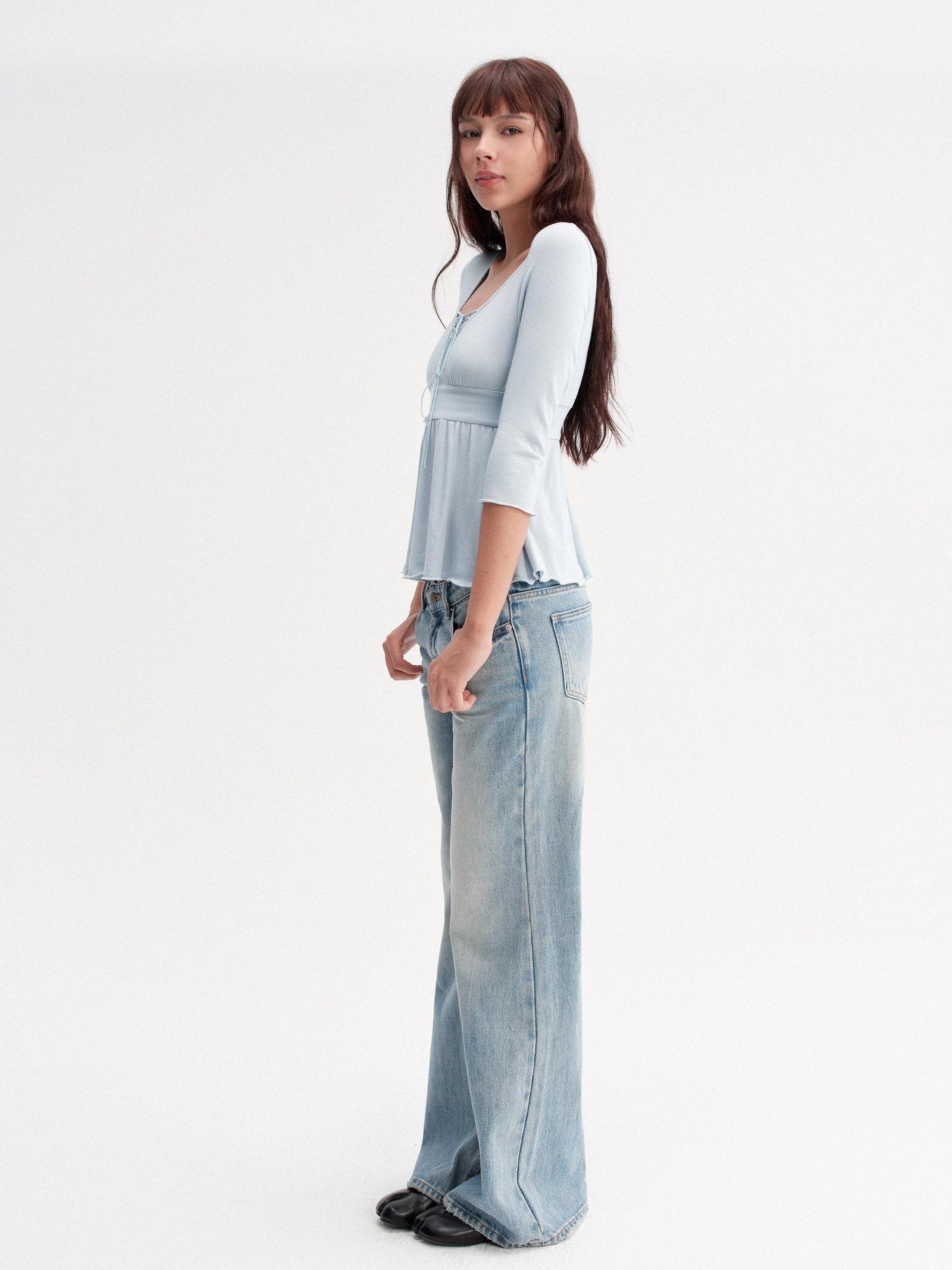 DKZ OFFICIAL Blue Drawstring Ruched V-neck Women&