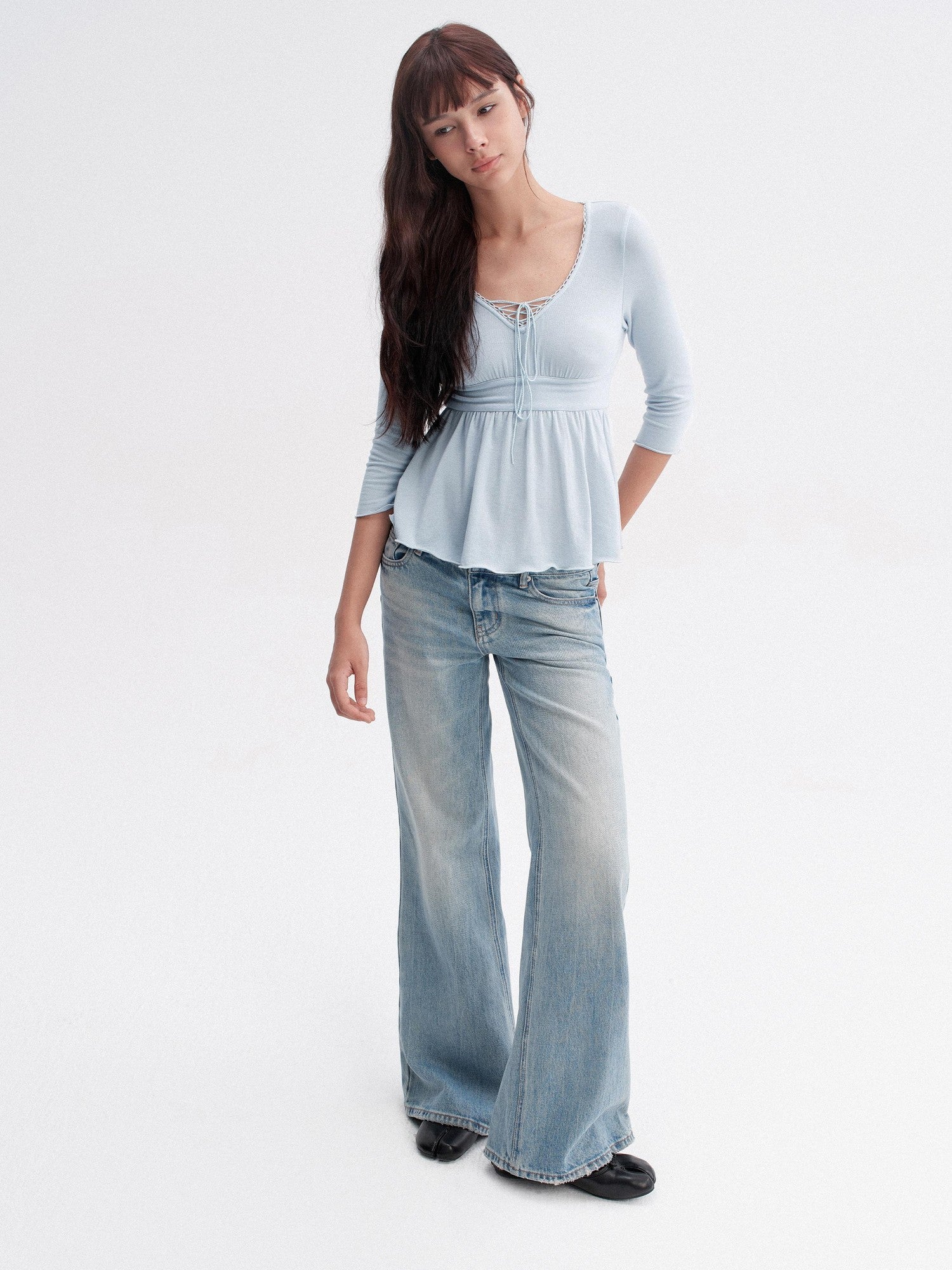 DKZ OFFICIAL Blue Drawstring Ruched V-neck Women&