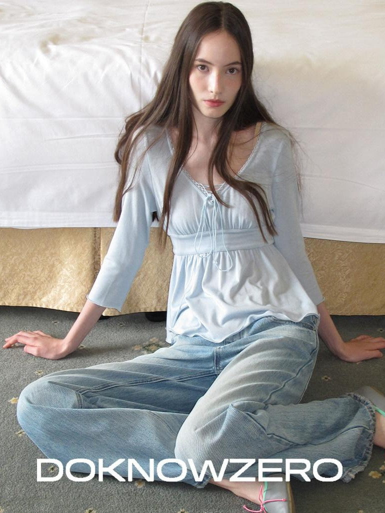 DKZ OFFICIAL Blue Drawstring Ruched V-neck Women&