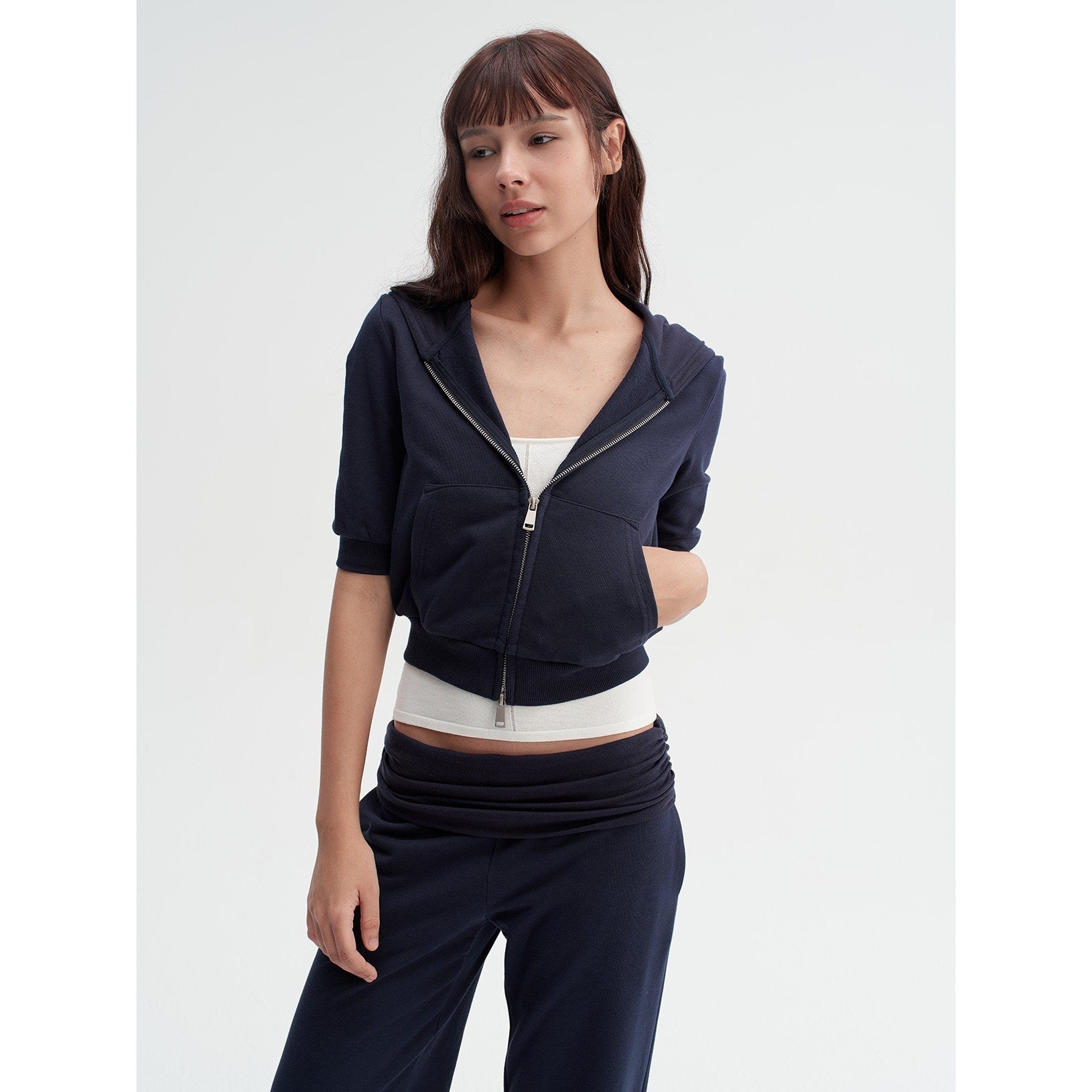 DKZ_OFFICIAL_Blue_Hooded_Zip_Cropped_Mid_Sleeve_Micro_Flare_Women&