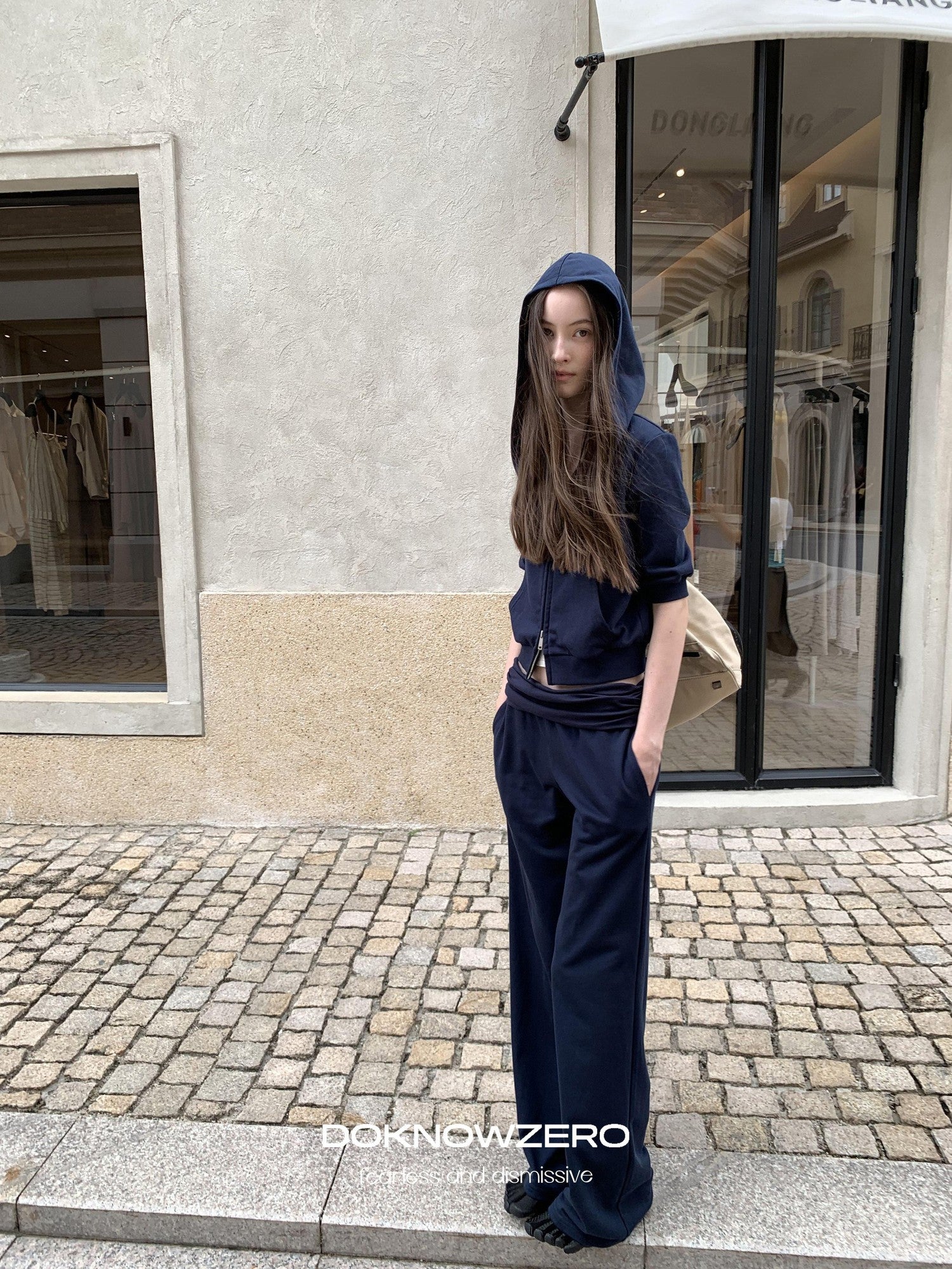 DKZ OFFICIAL Blue Hooded Zip Cropped Mid Sleeve Micro Flare Women&