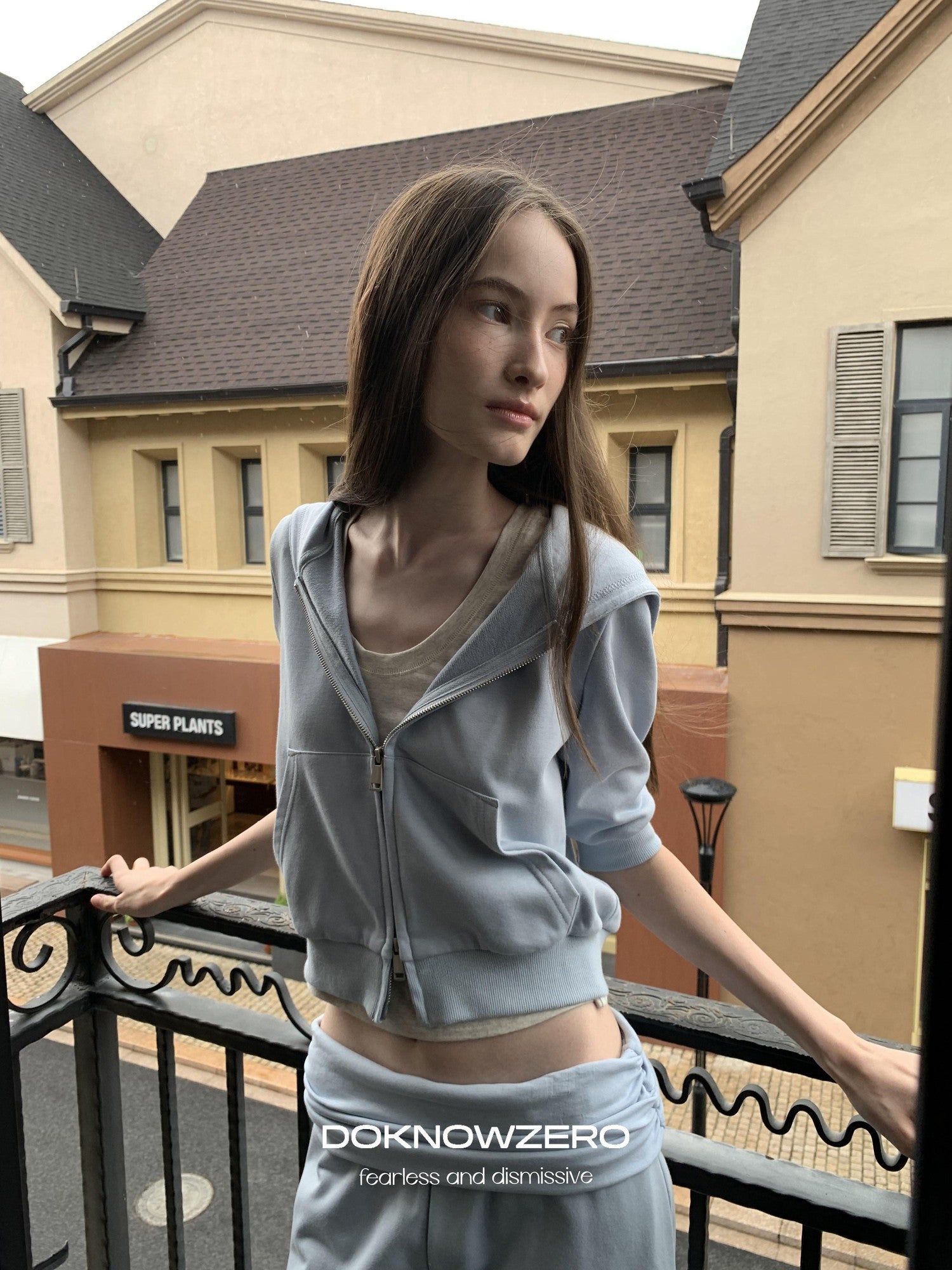 DKZ OFFICIAL Blue Hooded Zip Cropped Mid Sleeve Micro Flare Women&