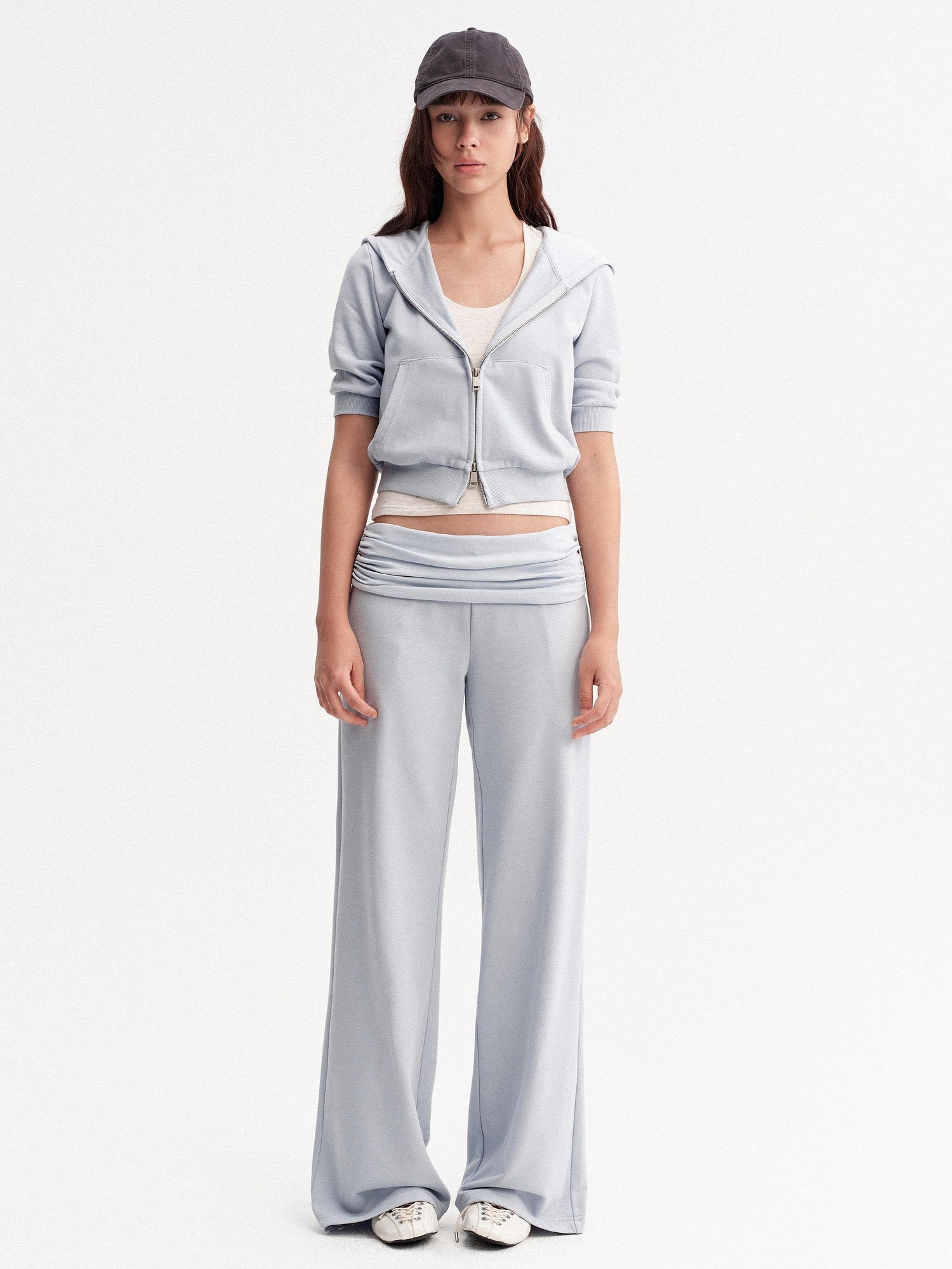 DKZ OFFICIAL Blue Hooded Zip Cropped Mid Sleeve Micro Flare Women&