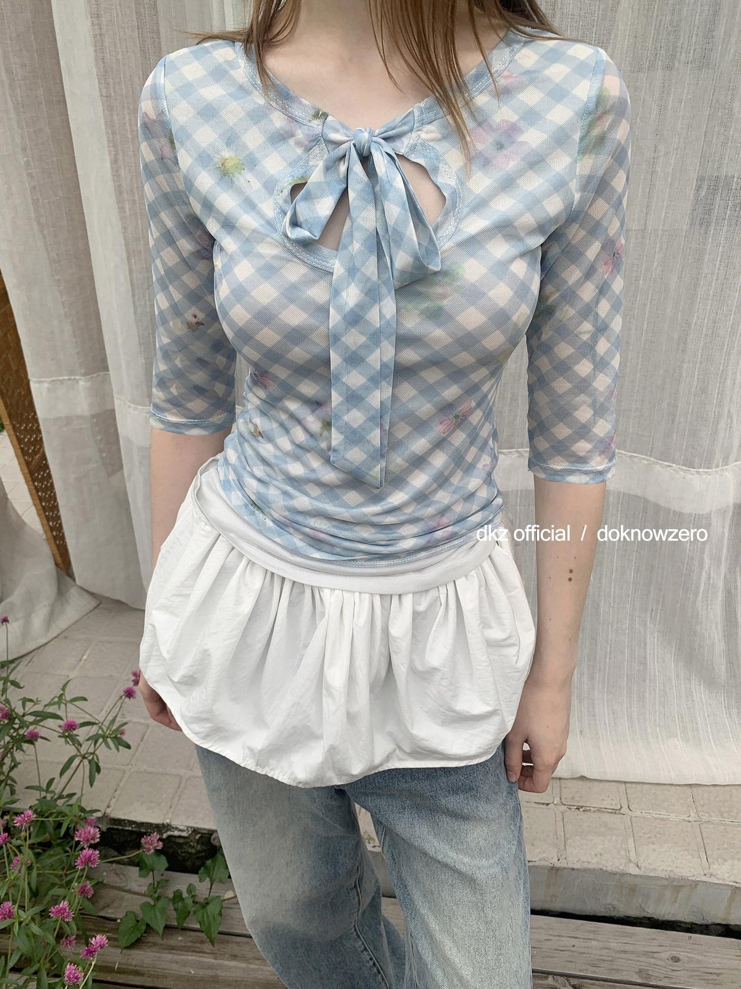 DKZ OFFICIAL Blue Mesh Plaid Print Layered Slim Fit Women&